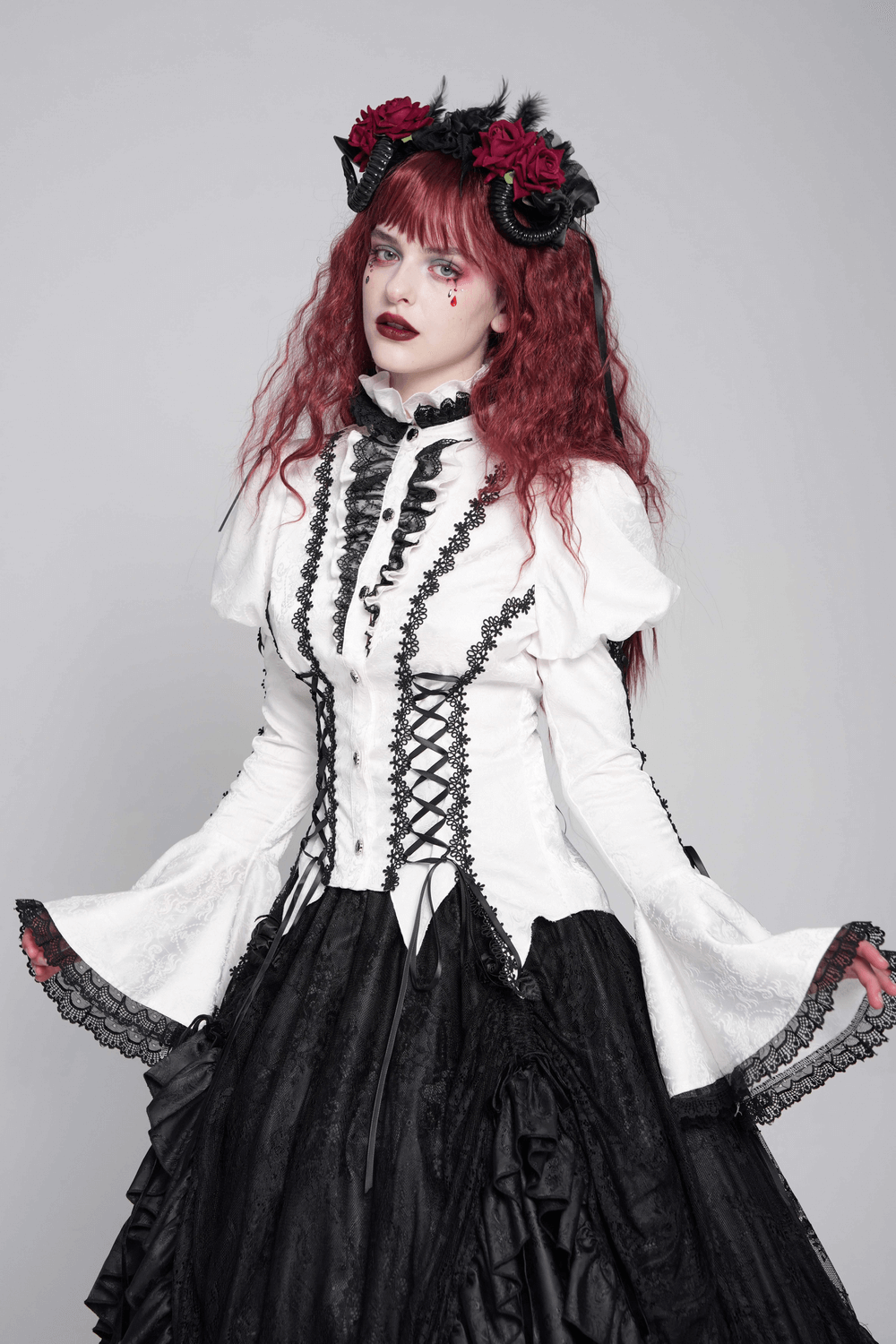 White Gothic Lace Victorian Blouse with Corset Ties