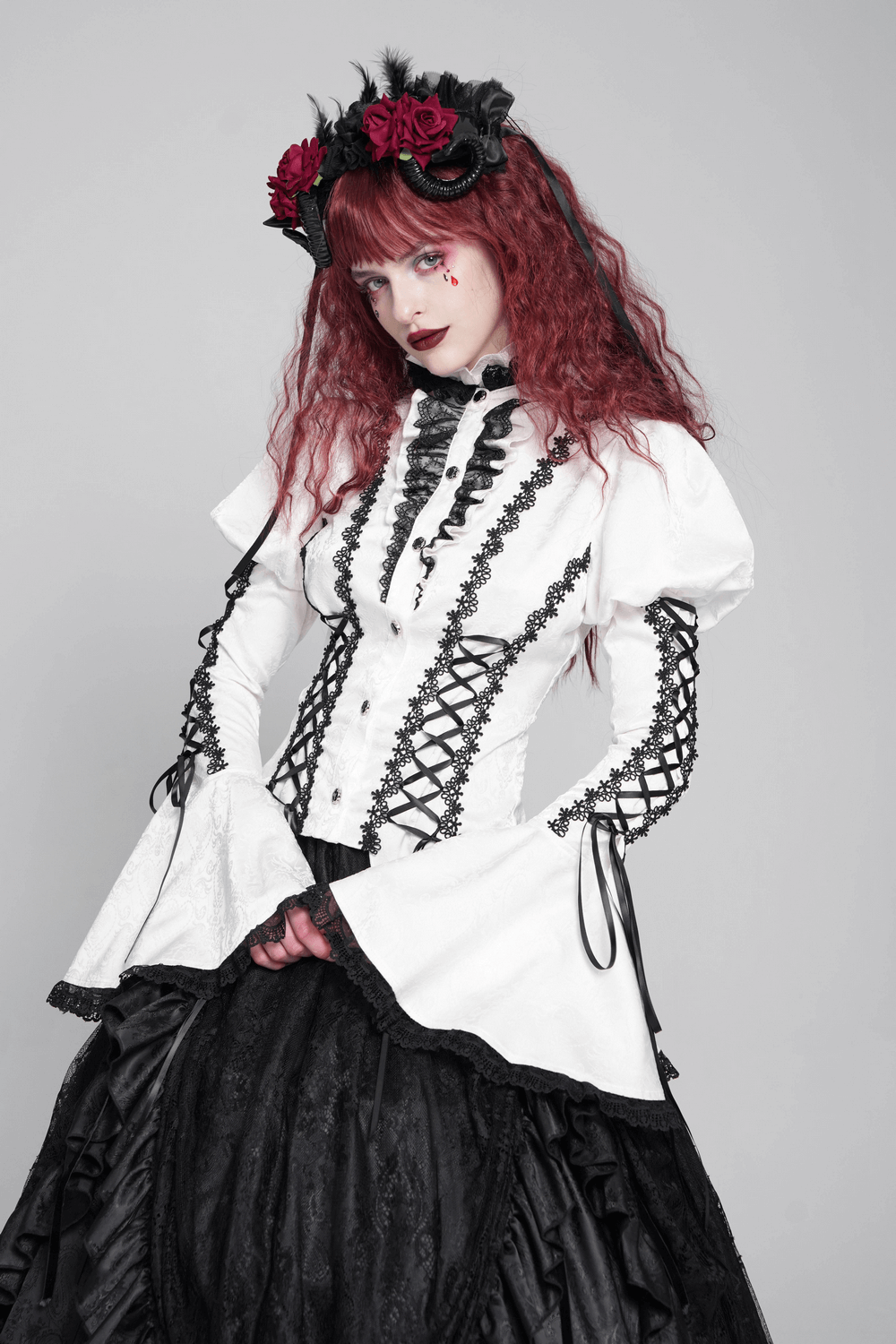 White Gothic Lace Victorian Blouse with Corset Ties