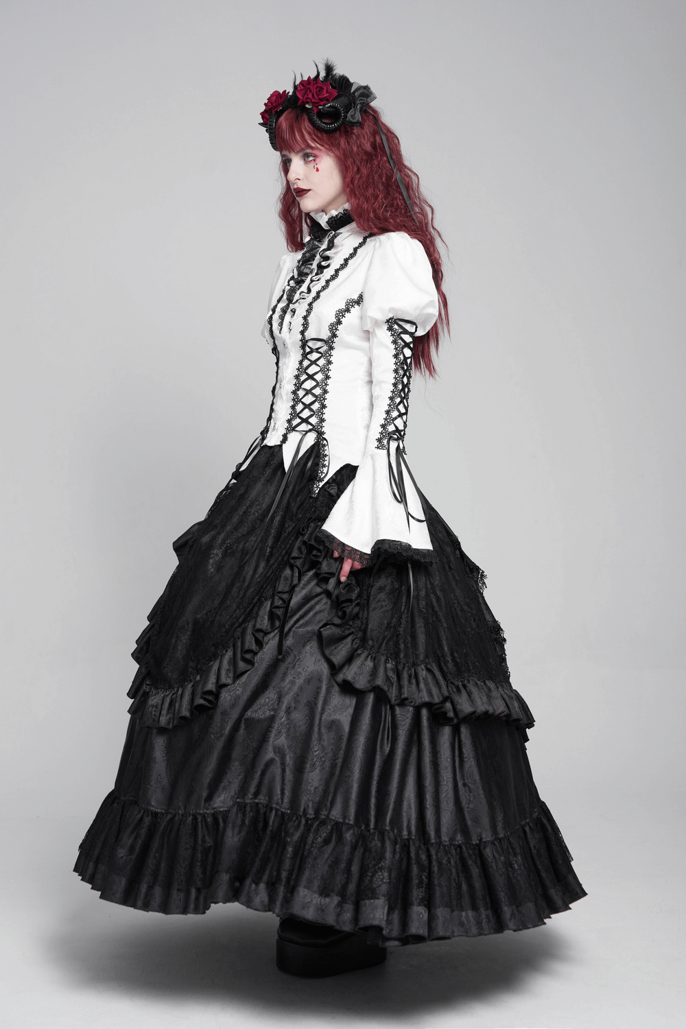 White Gothic Lace Victorian Blouse with Corset Ties