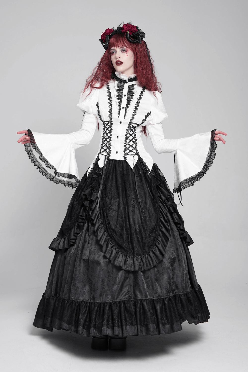 White Gothic Lace Victorian Blouse with Corset Ties
