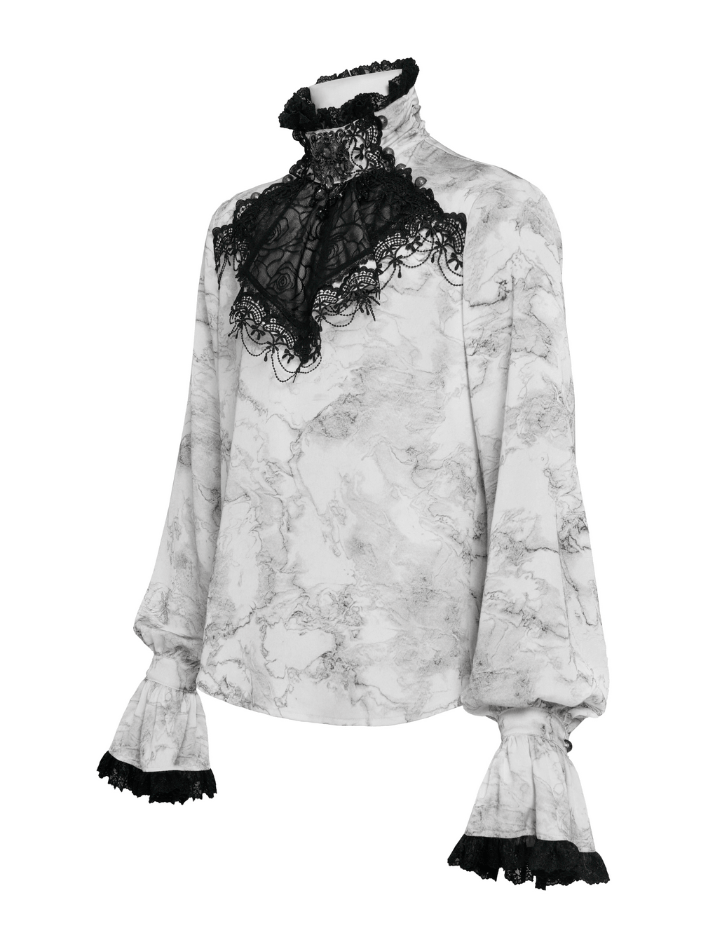 White Gothic Marble Shirt with Lace Ruffle Bib