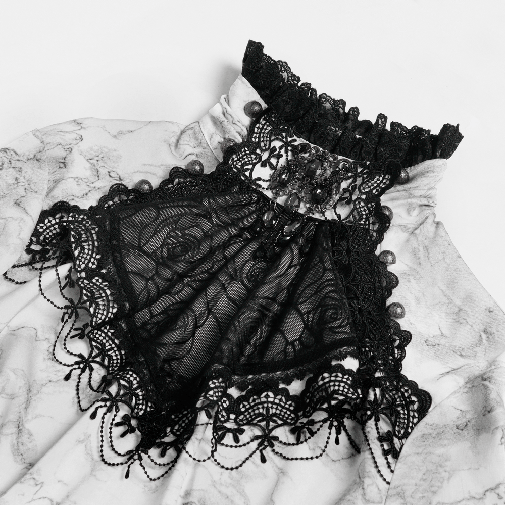White Gothic Marble Shirt with Lace Ruffle Bib