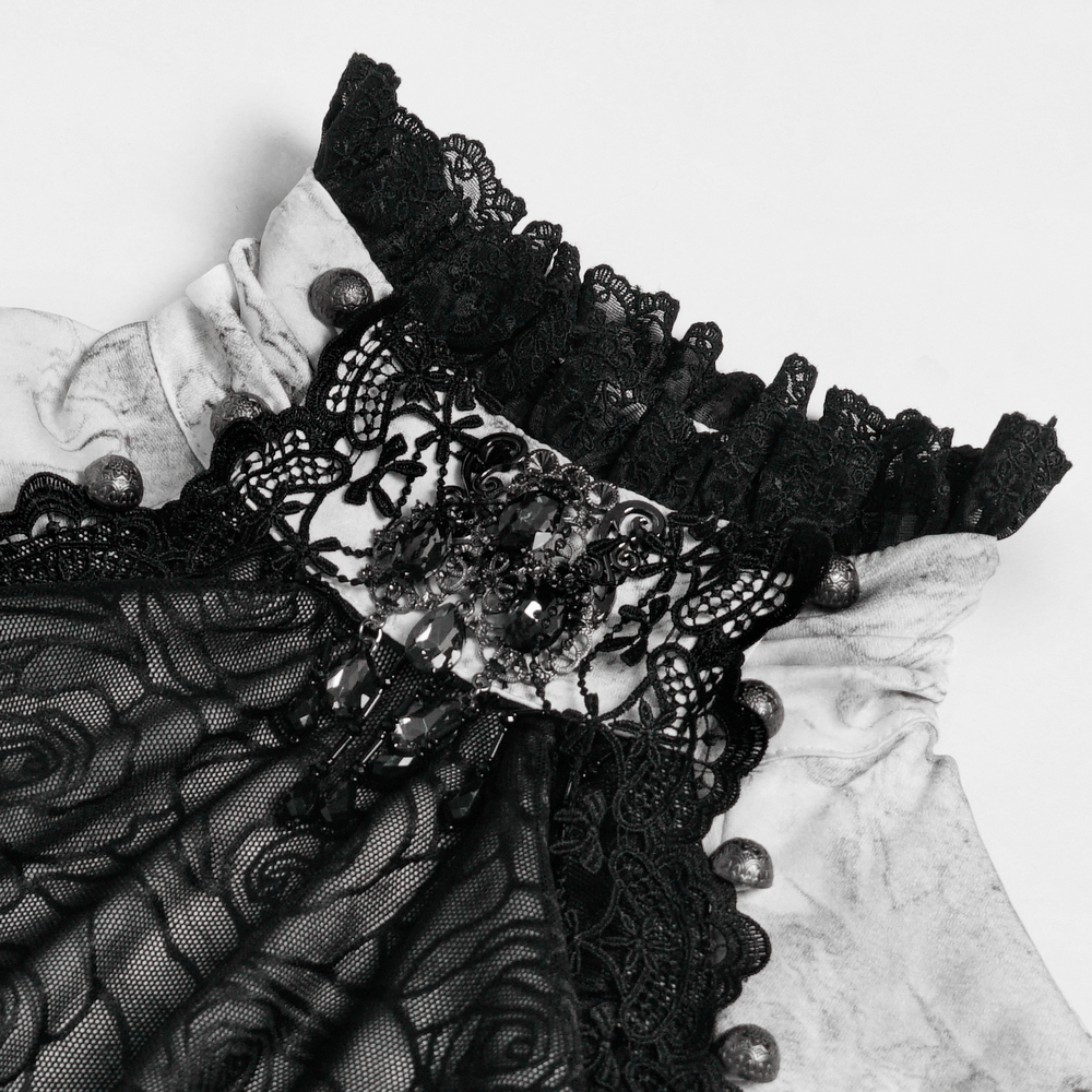 White Gothic Marble Shirt with Lace Ruffle Bib