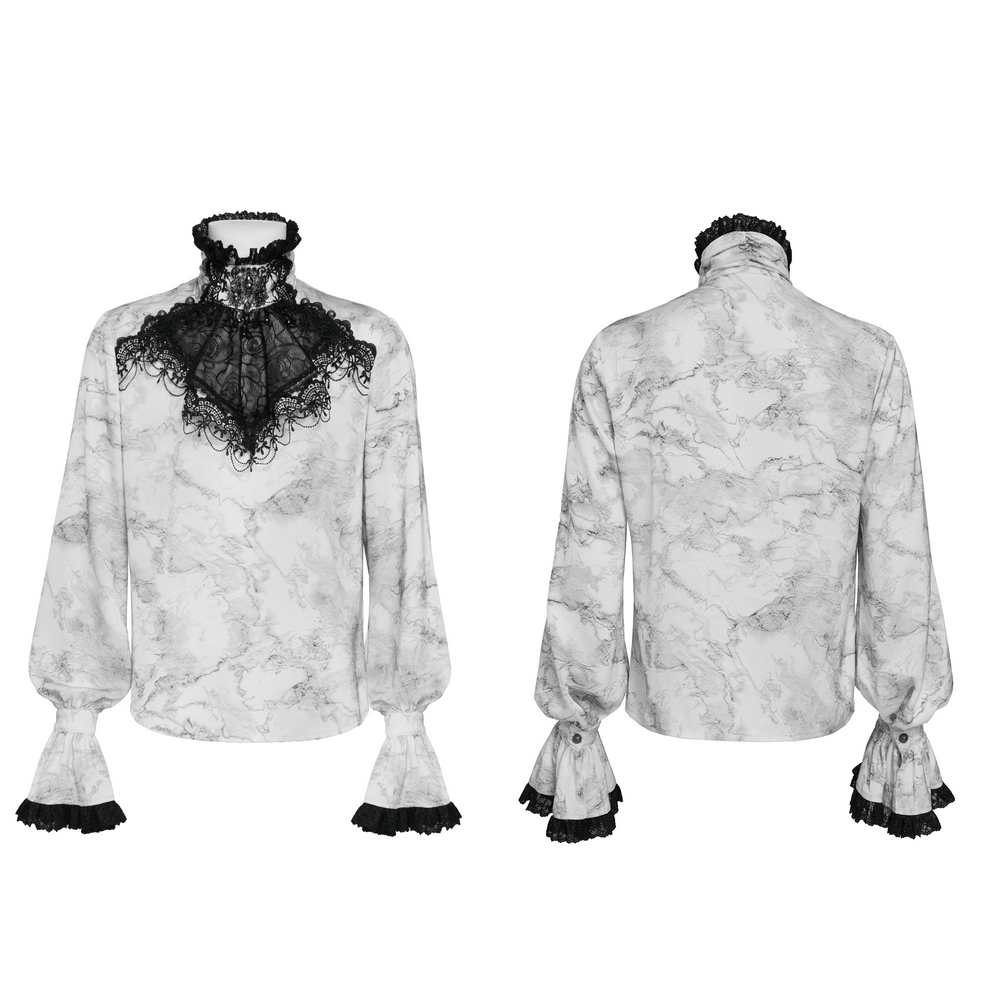White Gothic Marble Shirt with Lace Ruffle Bib