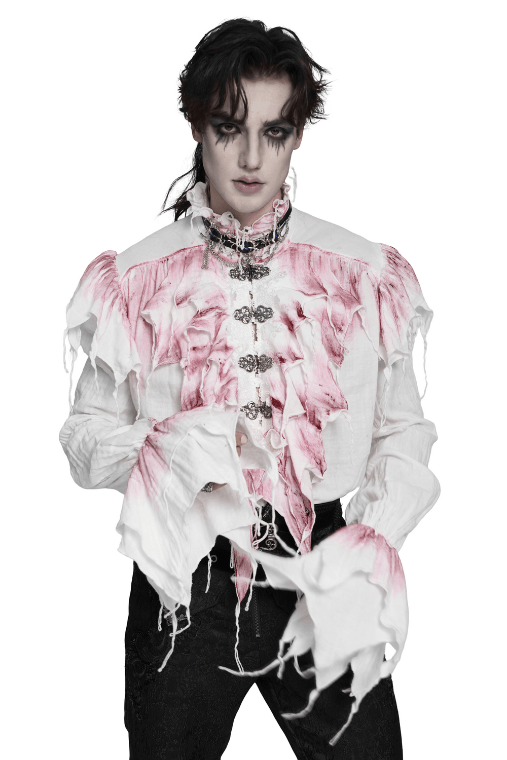 White Gothic Ruffle Shirt with Crimson Distressed Frills