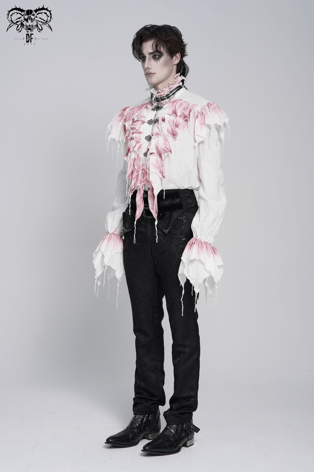 White Gothic Ruffle Shirt with Crimson Distressed Frills