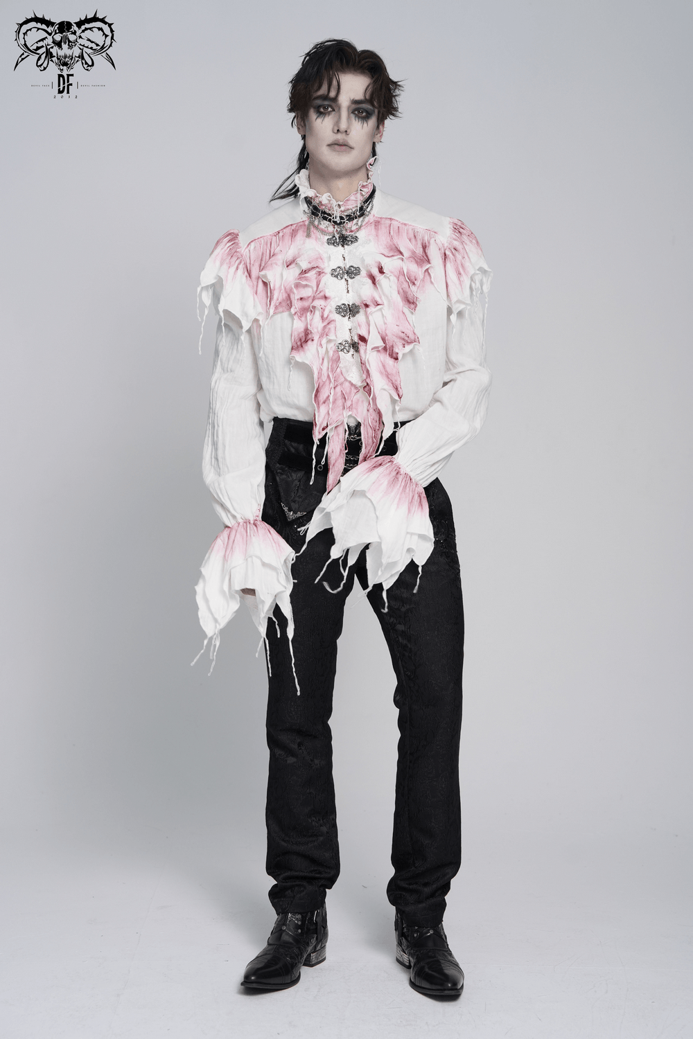 White Gothic Ruffle Shirt with Crimson Distressed Frills