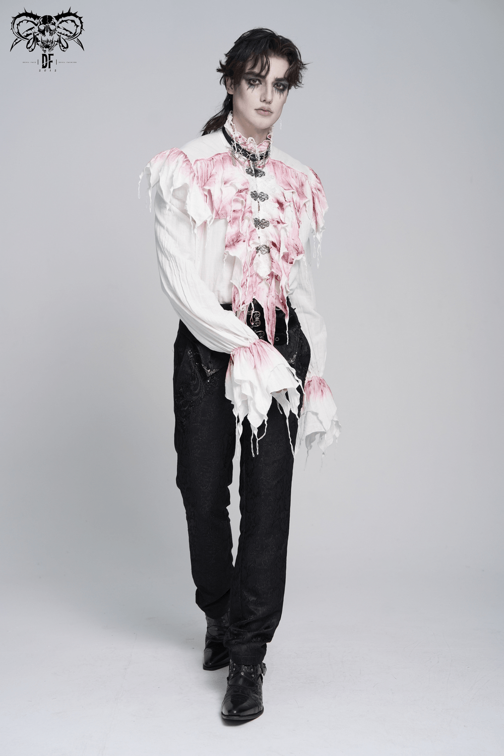 White Gothic Ruffle Shirt with Crimson Distressed Frills