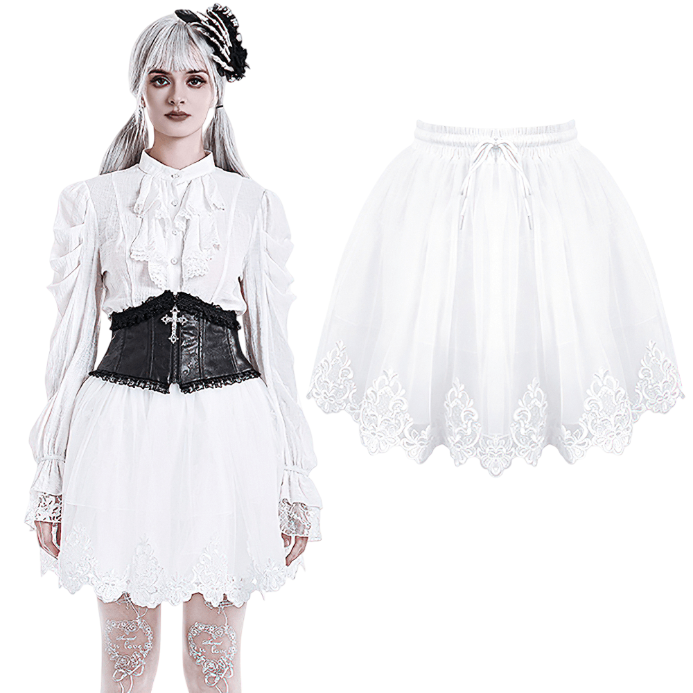 White Gothic Tulle Skirt with Embroidered Lace Hem