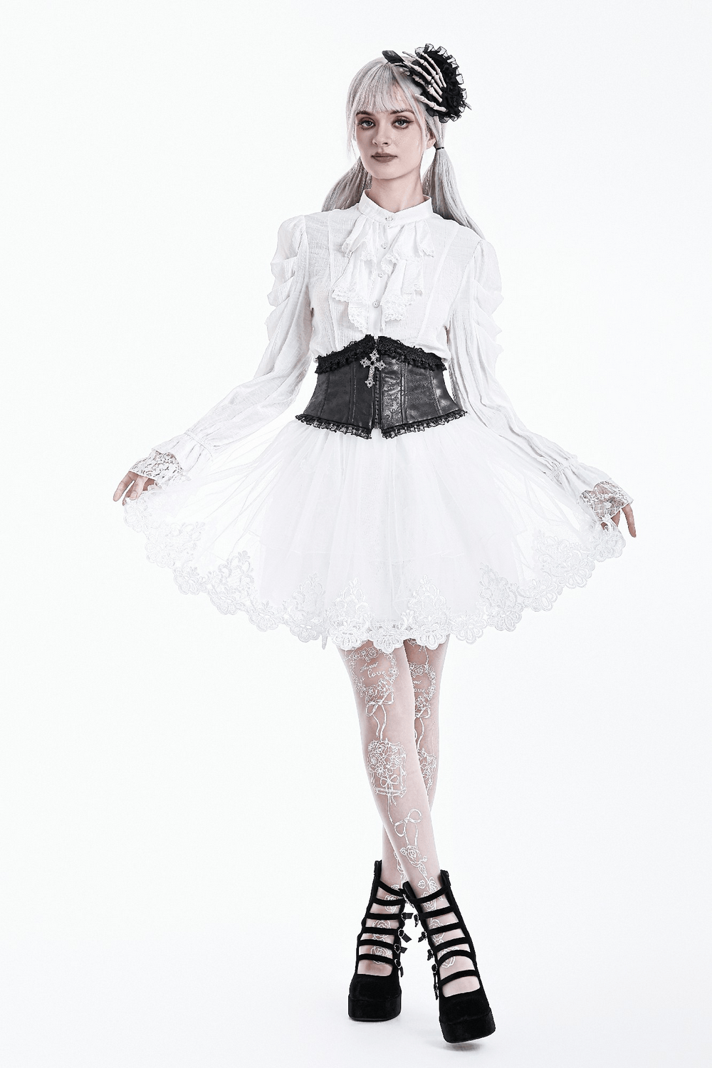 White Gothic Tulle Skirt with Embroidered Lace Hem