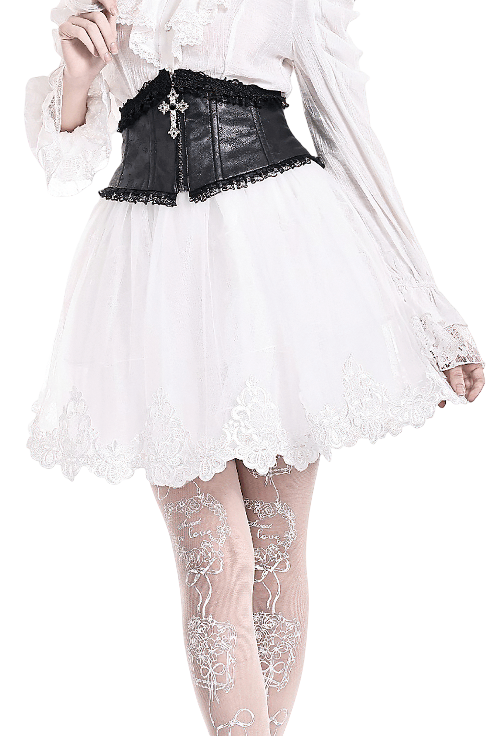White Gothic Tulle Skirt with Embroidered Lace Hem