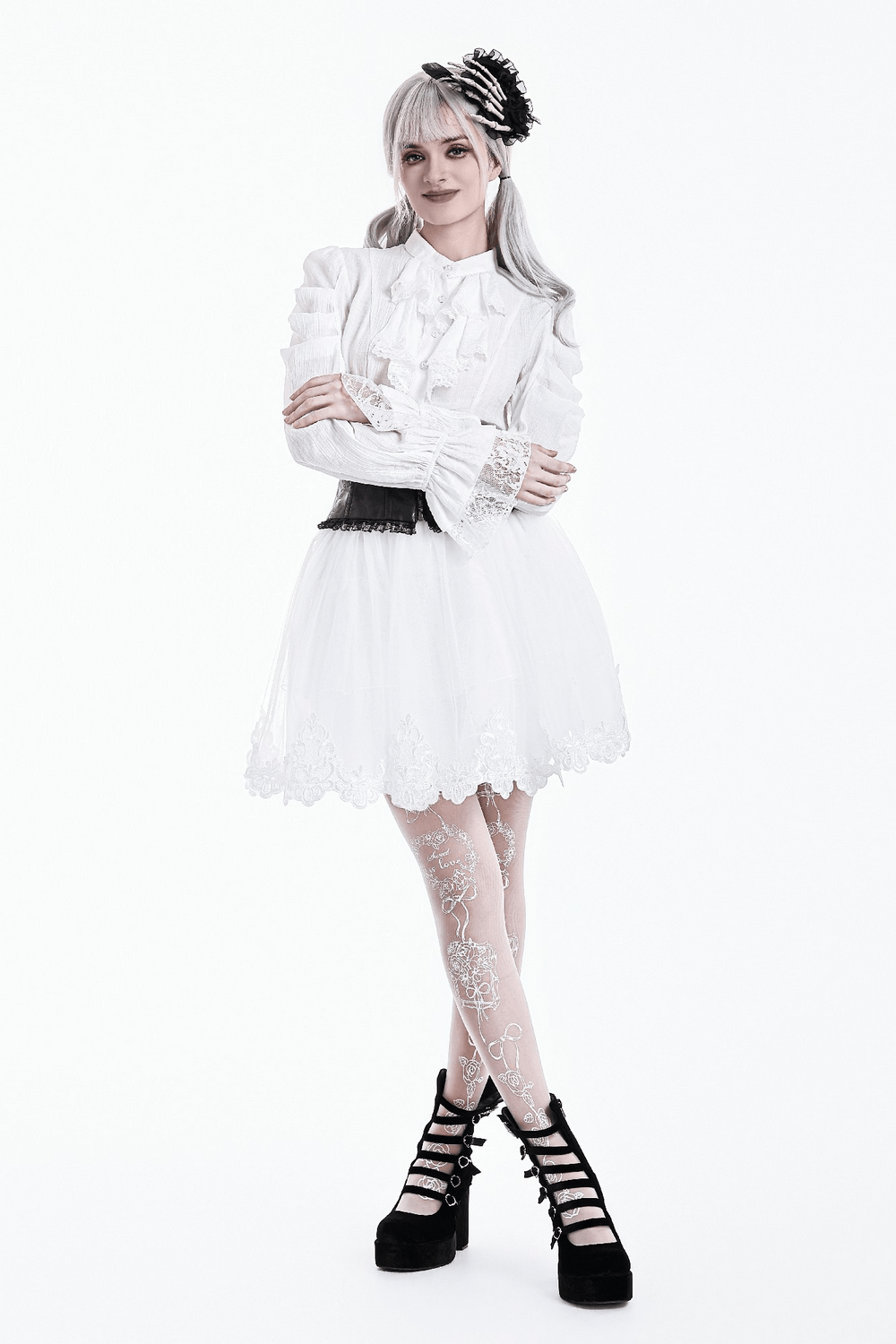 White Gothic Tulle Skirt with Embroidered Lace Hem