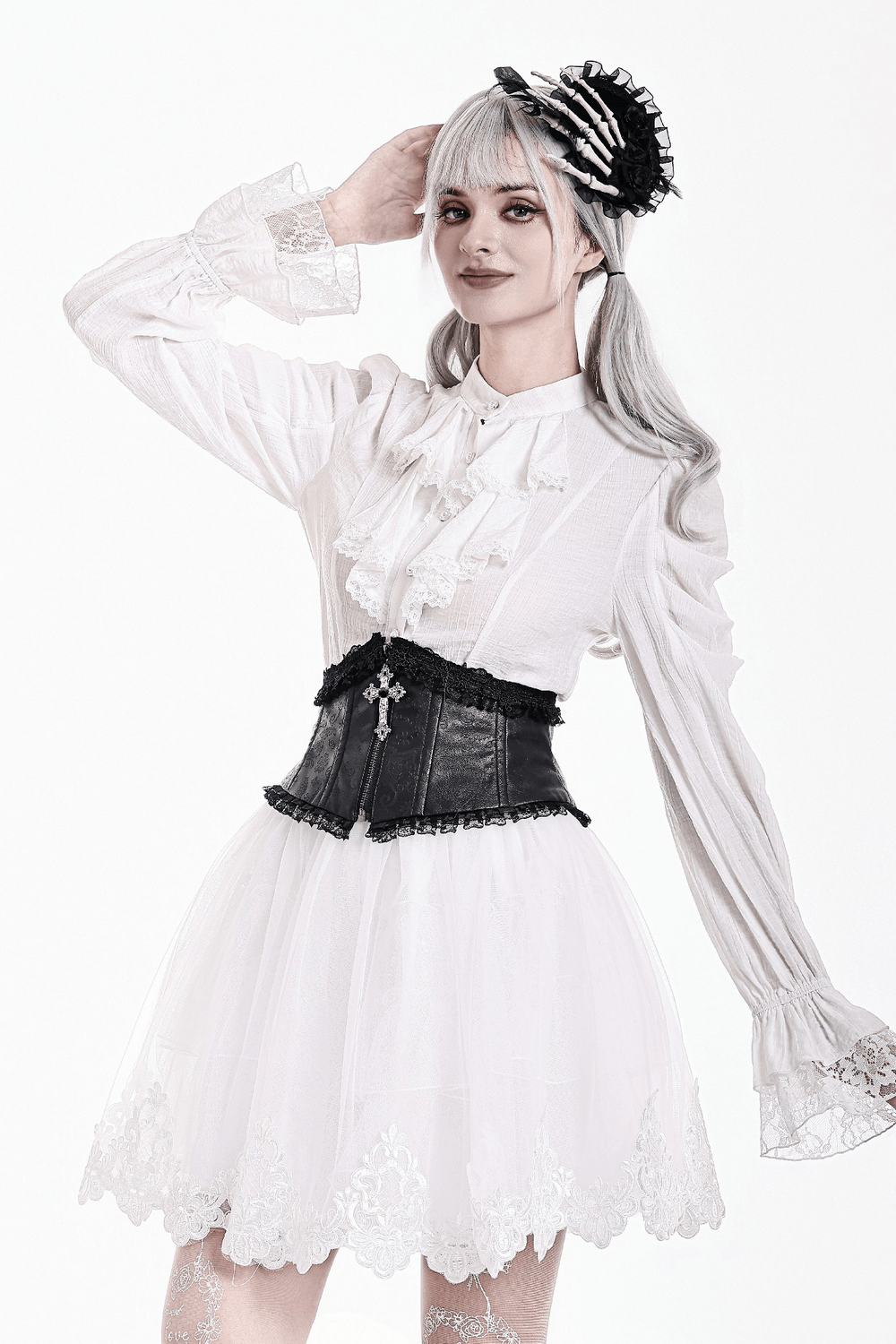 White Gothic Tulle Skirt with Embroidered Lace Hem