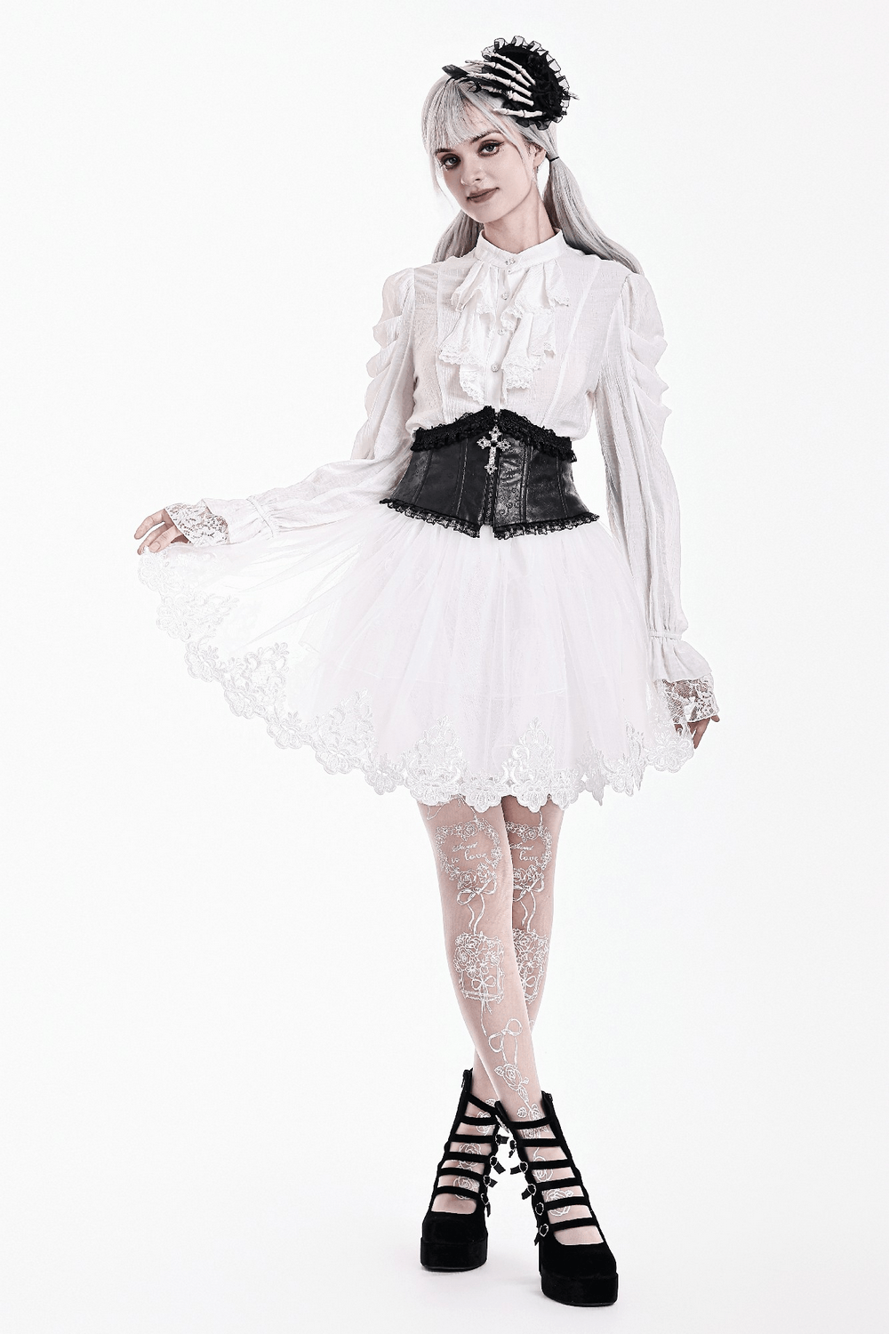 White Gothic Tulle Skirt with Embroidered Lace Hem