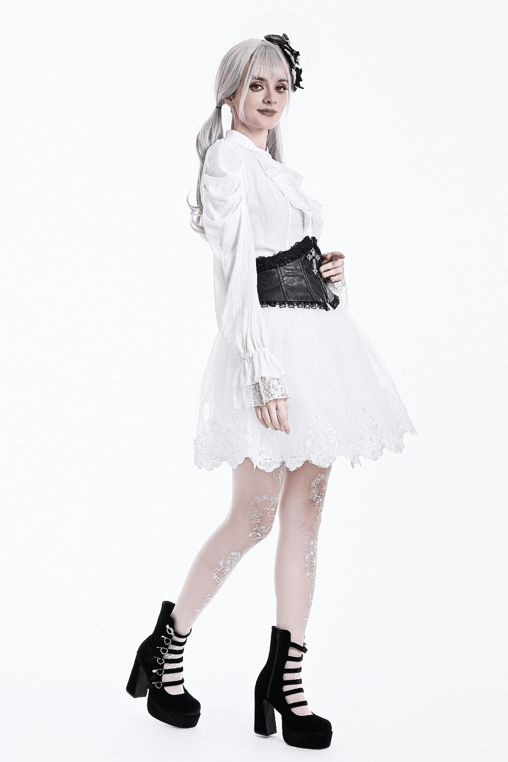 White Gothic Tulle Skirt with Embroidered Lace Hem