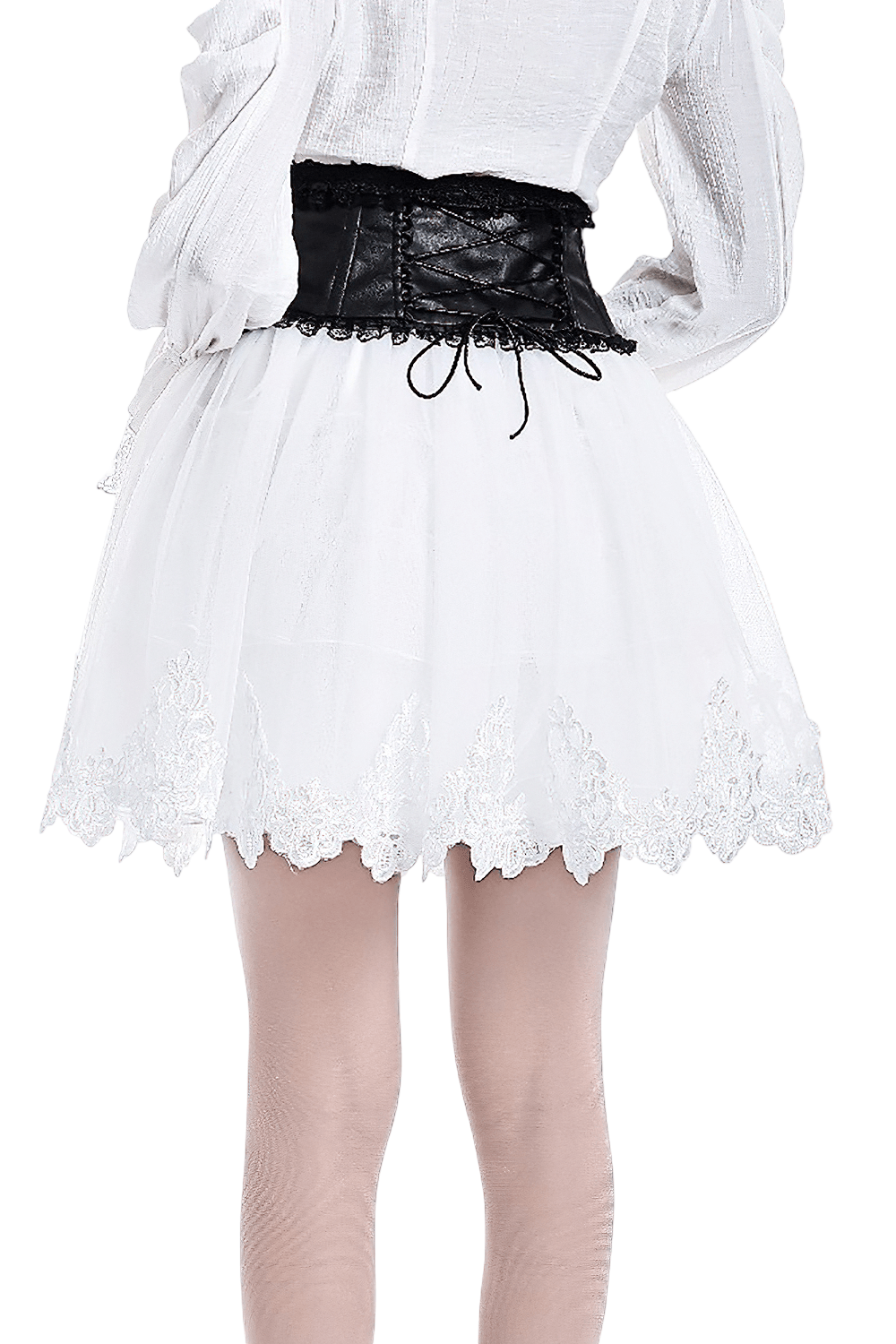 White Gothic Tulle Skirt with Embroidered Lace Hem