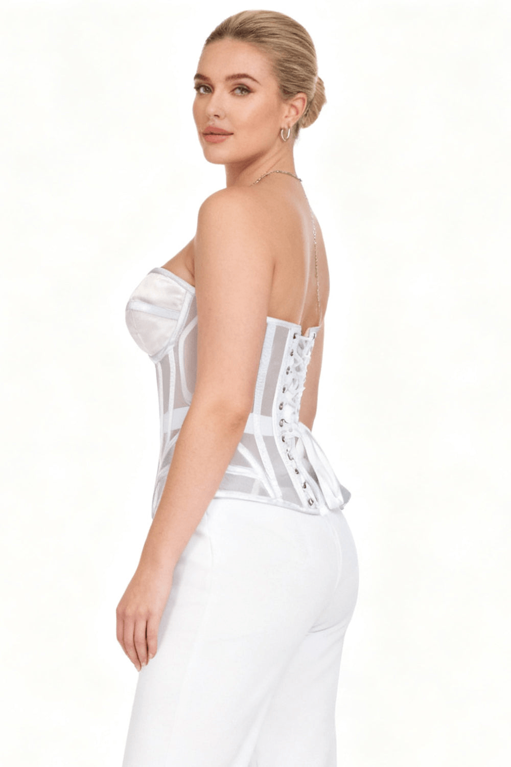 White Mesh Overbust Corset with Steel Boning and Lacing