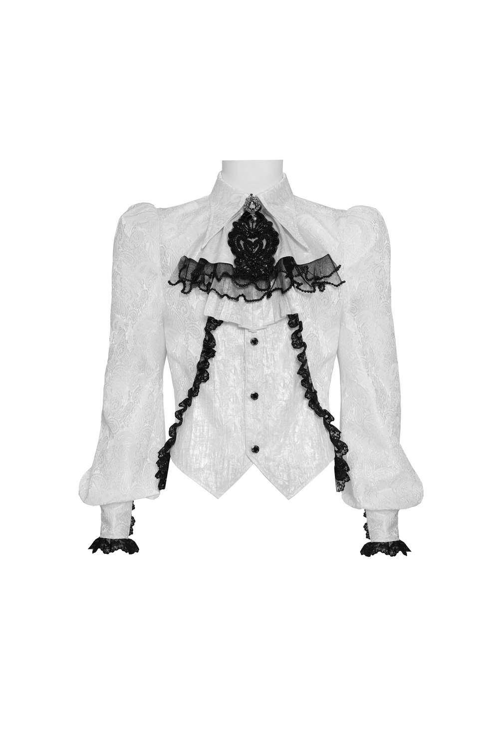 White Victorian Gothic Shirt with Black Lace Jabot Trim