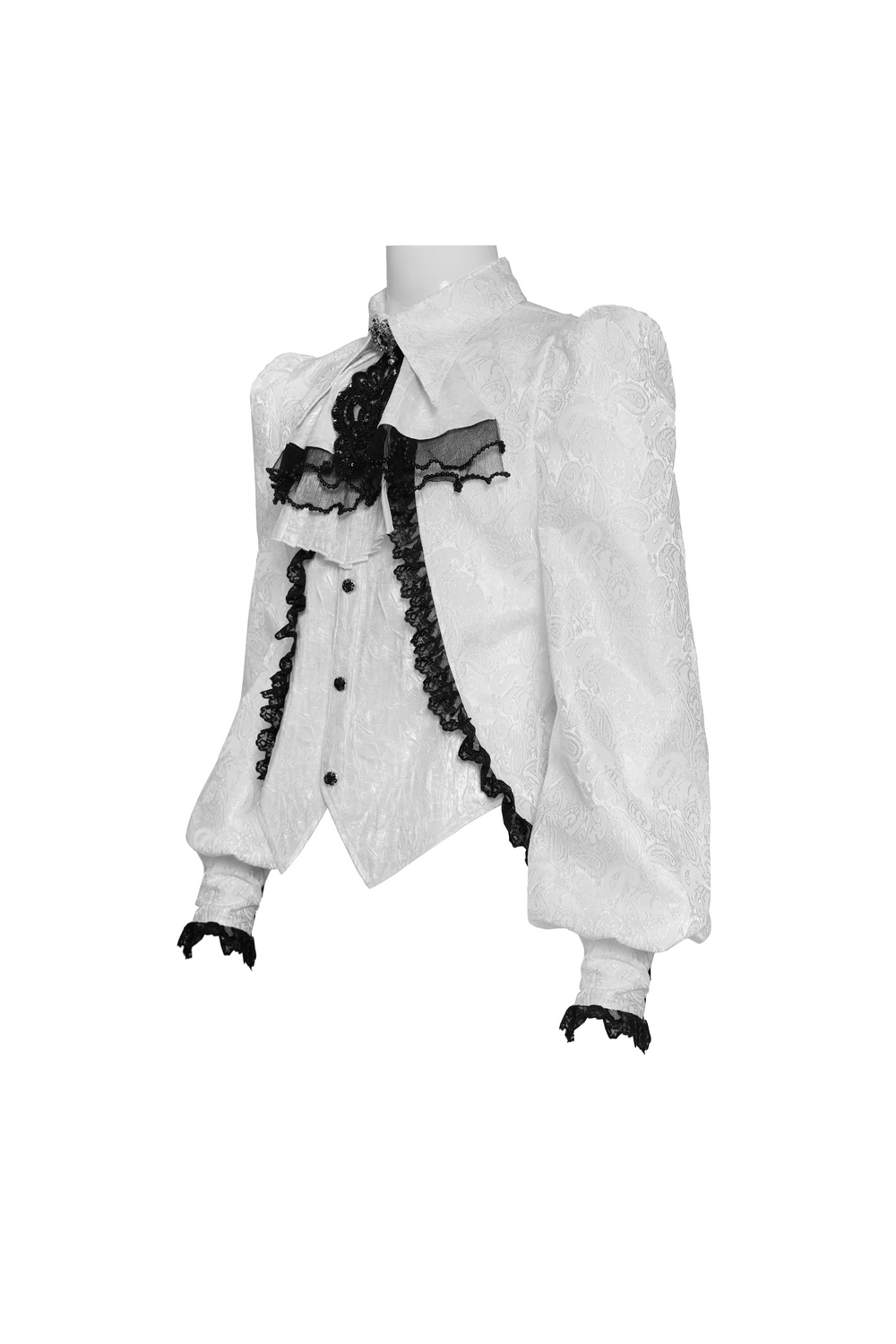 White Victorian Gothic Shirt with Black Lace Jabot Trim