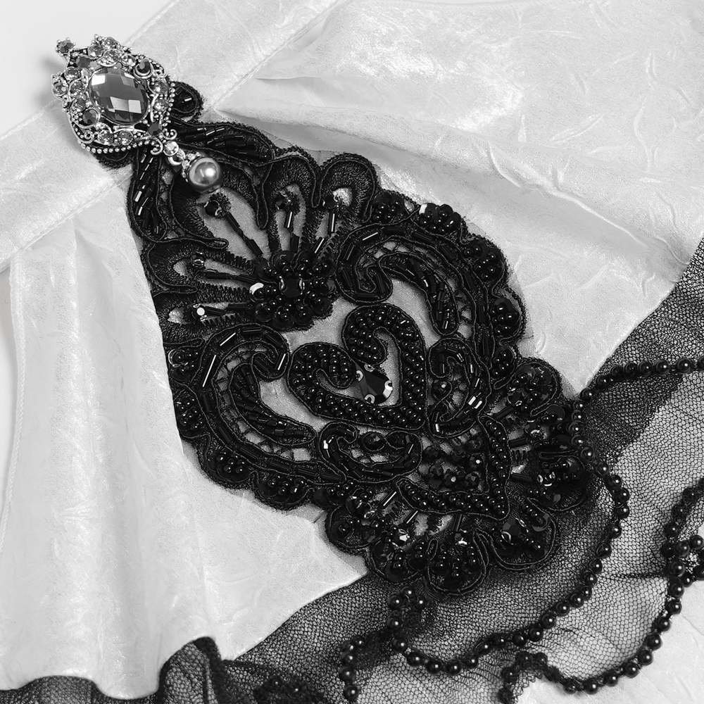 White Victorian Gothic Shirt with Black Lace Jabot Trim
