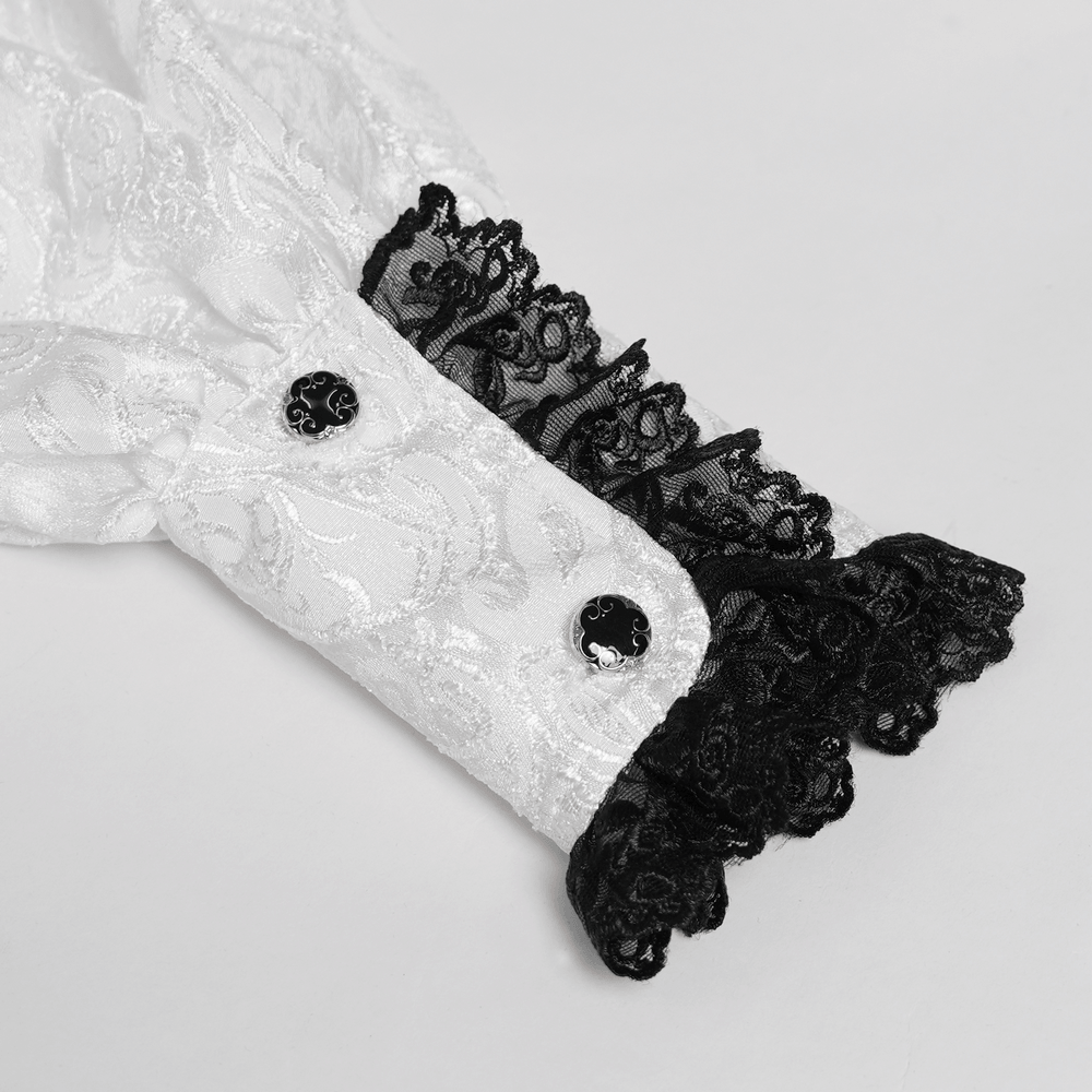 White Victorian Gothic Shirt with Black Lace Jabot Trim