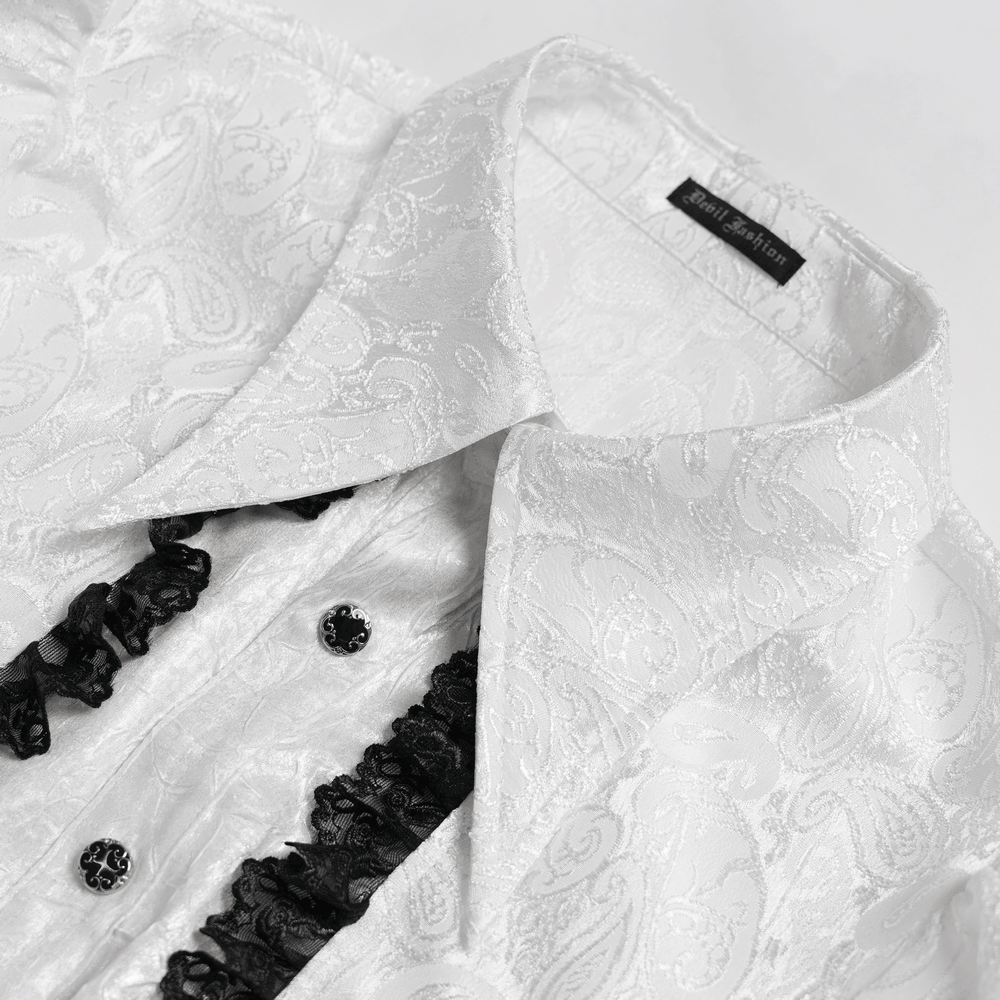White Victorian Gothic Shirt with Black Lace Jabot Trim