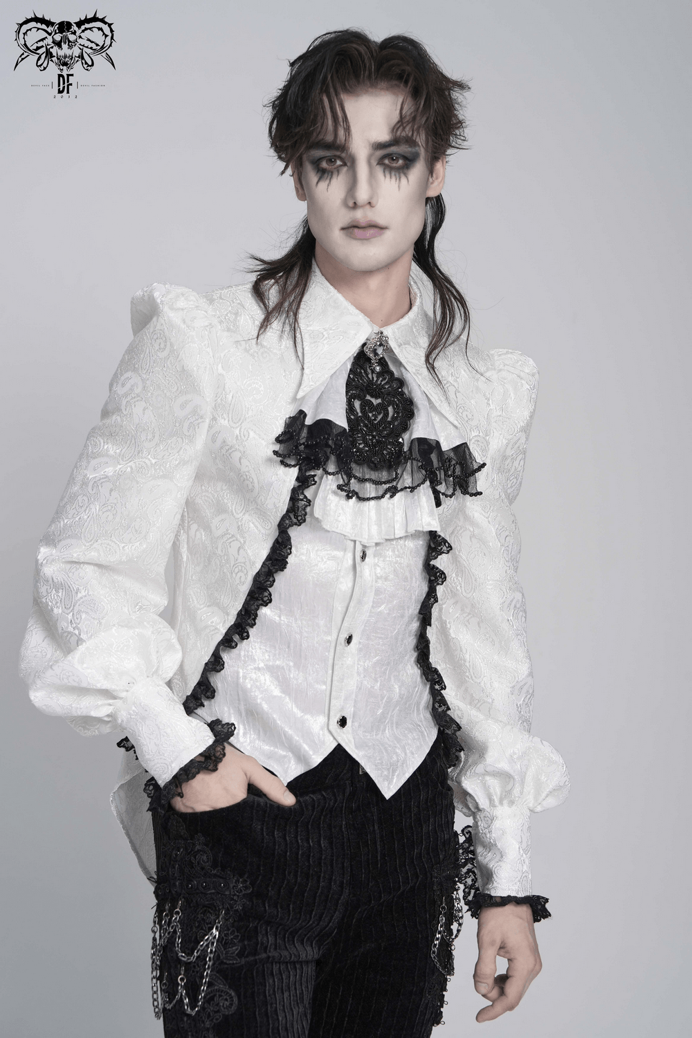White Victorian Gothic Shirt with Black Lace Jabot Trim