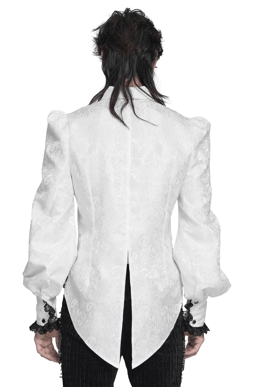 White Victorian Gothic Shirt with Black Lace Jabot Trim