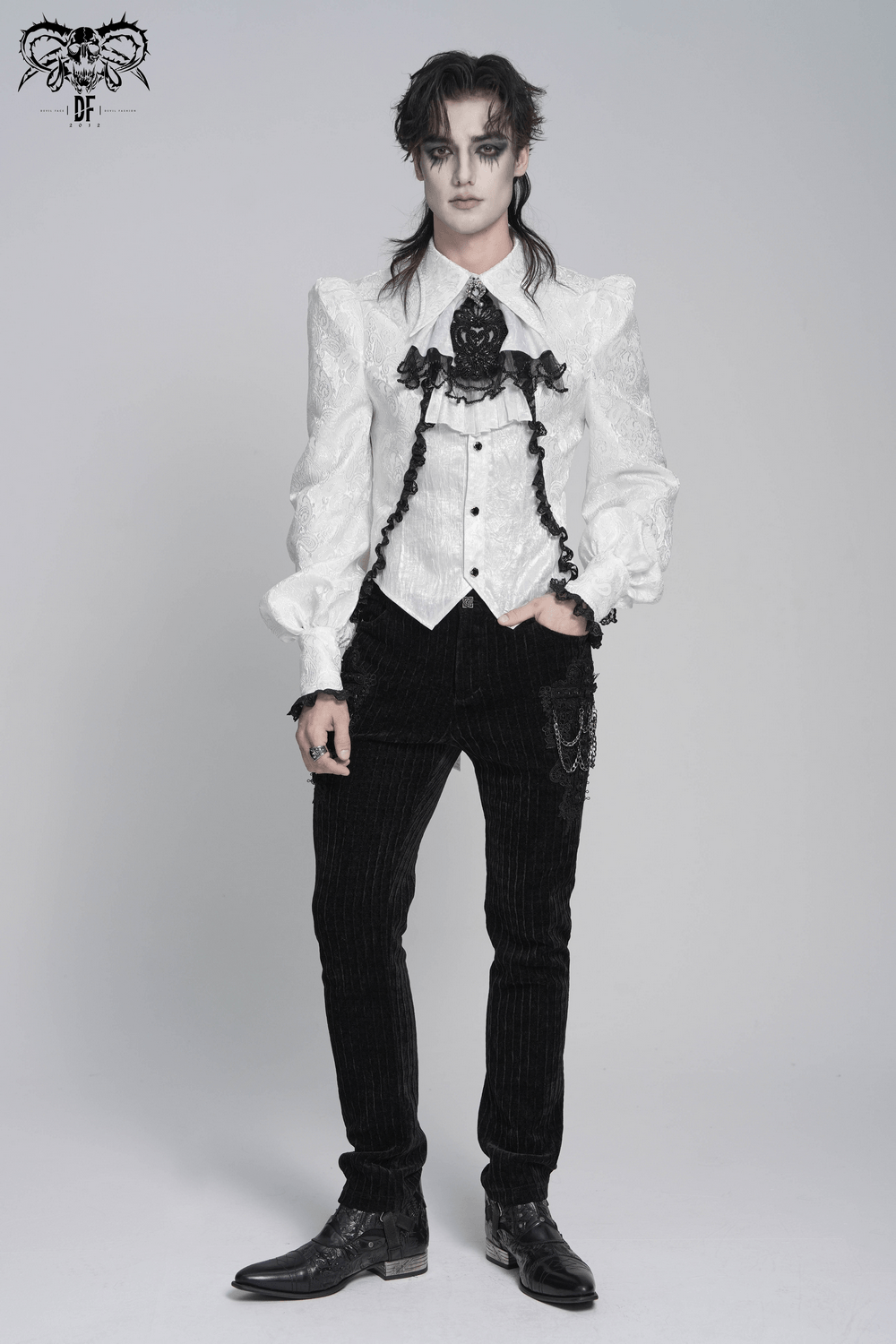 White Victorian Gothic Shirt with Black Lace Jabot Trim