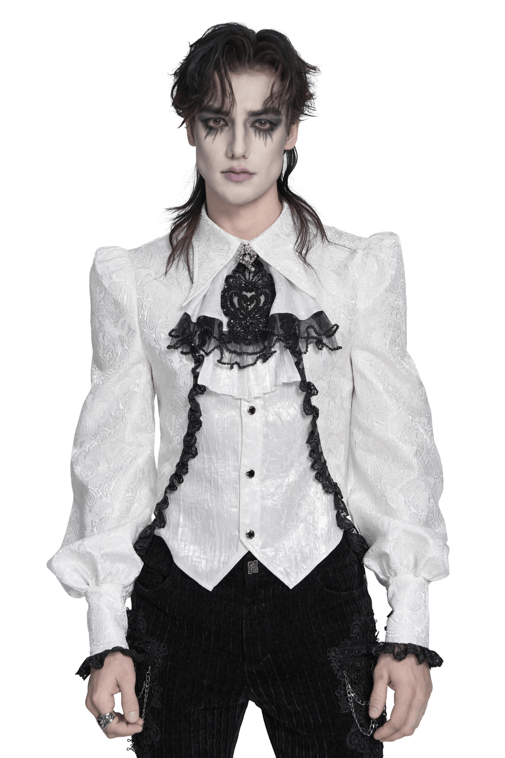 White Victorian Gothic Shirt with Black Lace Jabot Trim
