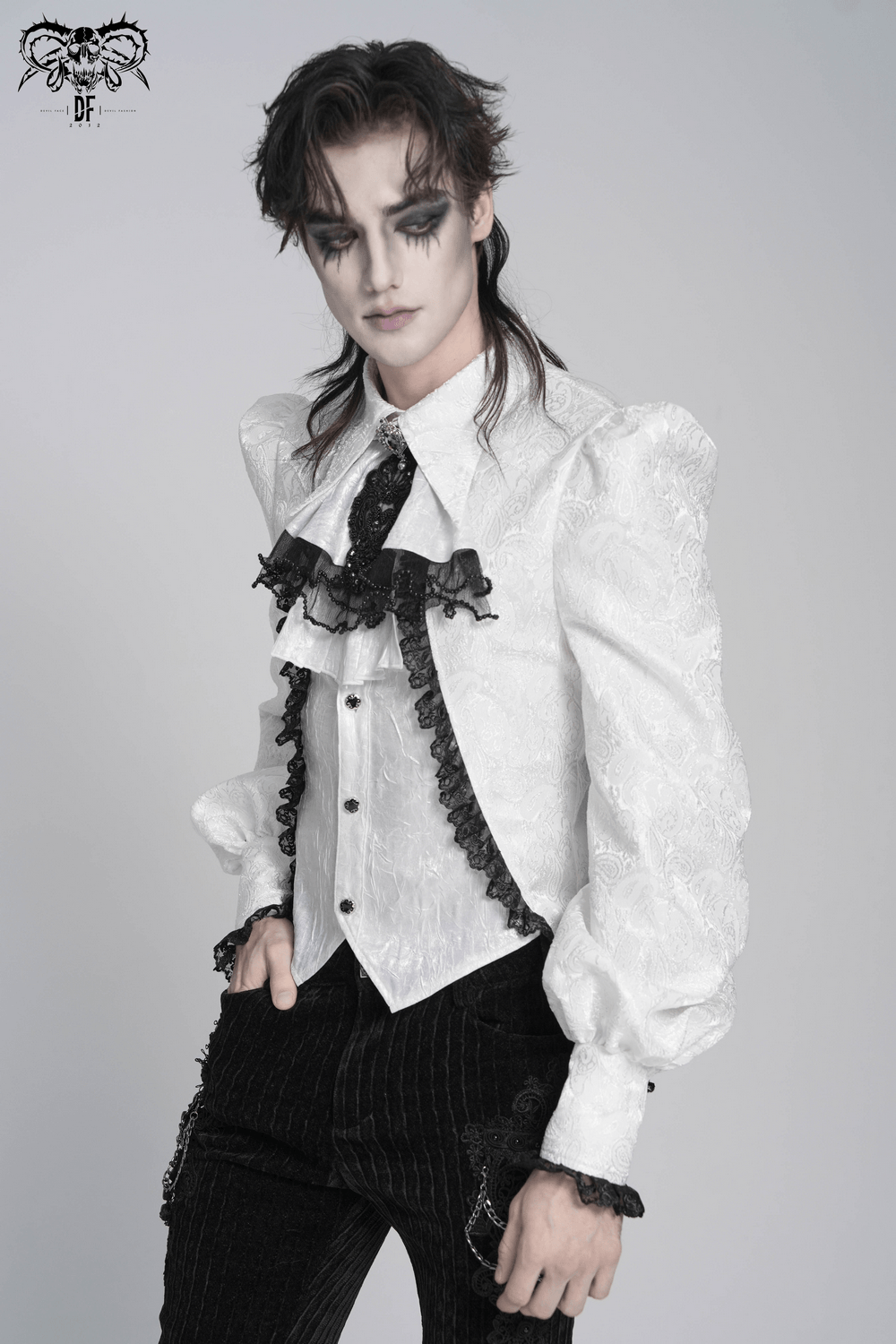 White Victorian Gothic Shirt with Black Lace Jabot Trim