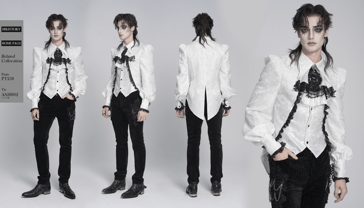 White Victorian Gothic Shirt with Black Lace Jabot Trim