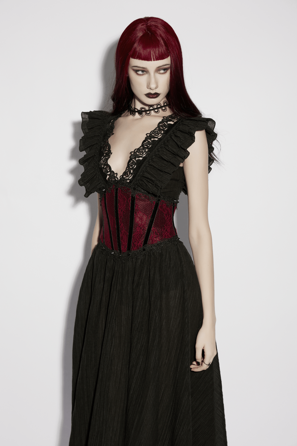Wine Red Black Lace Up Gothic Waist Cincher Corset