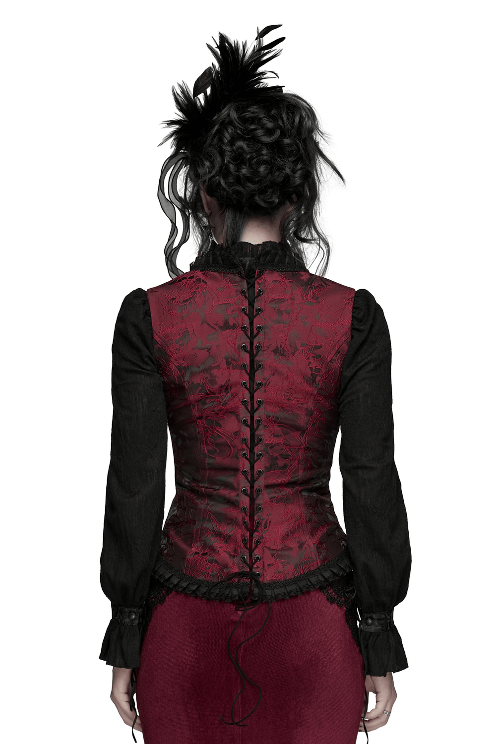 Wine Red Gothic Lace Trim Corset Vest with Drawstrings