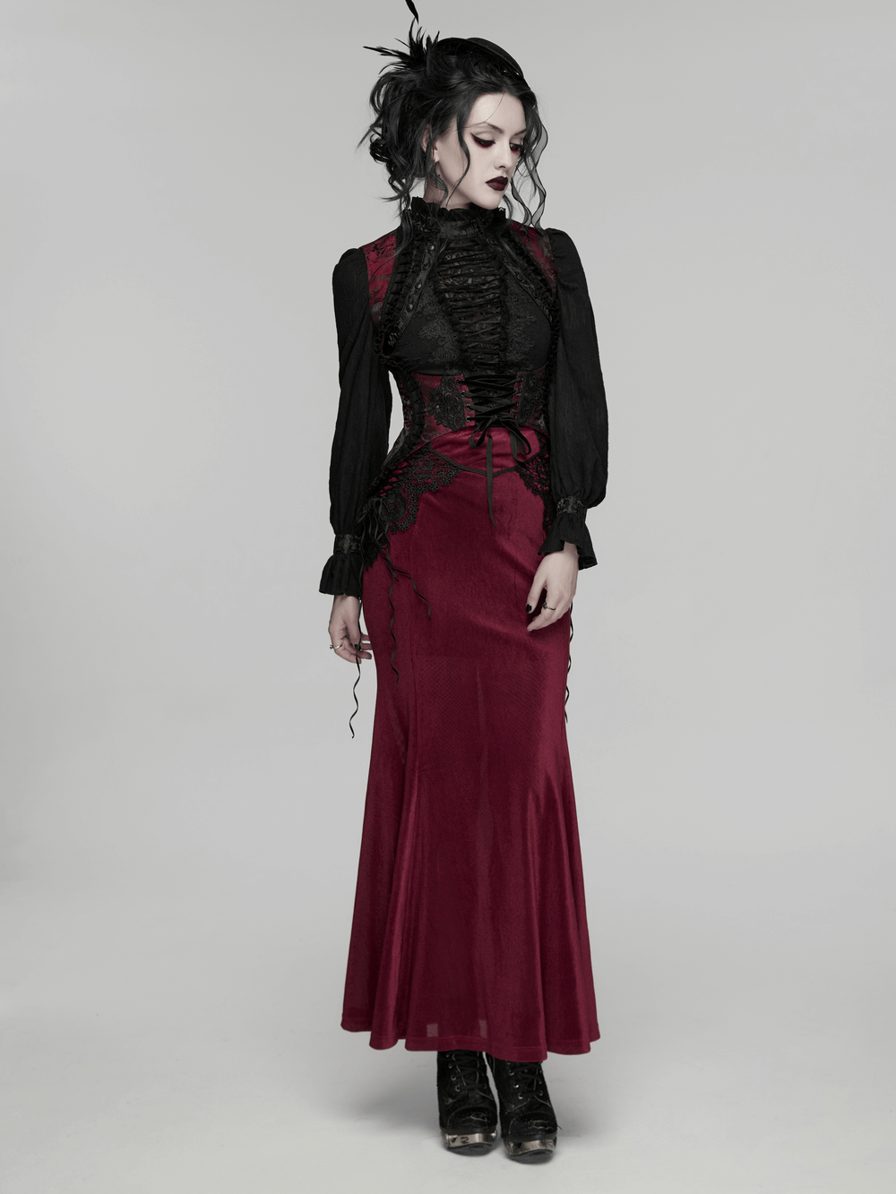 Wine Red Gothic Lace Trim Corset Vest with Drawstrings