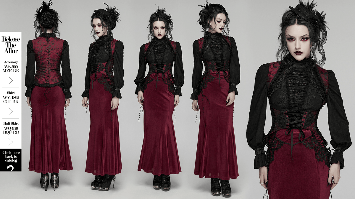 Wine Red Gothic Lace Trim Corset Vest with Drawstrings
