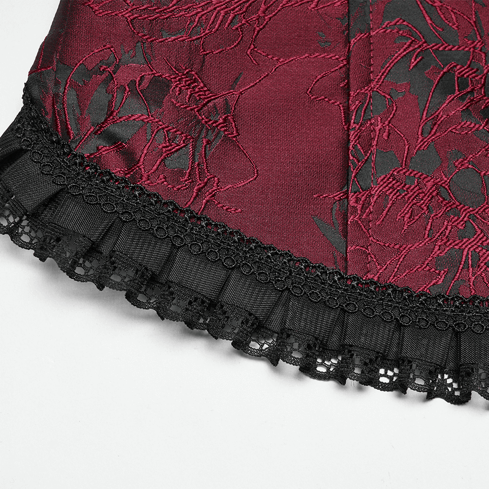 Wine Red Gothic Lace Trim Corset Vest with Drawstrings