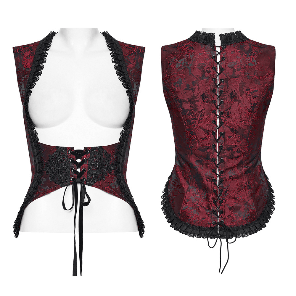 Wine Red Gothic Lace Trim Corset Vest with Drawstrings