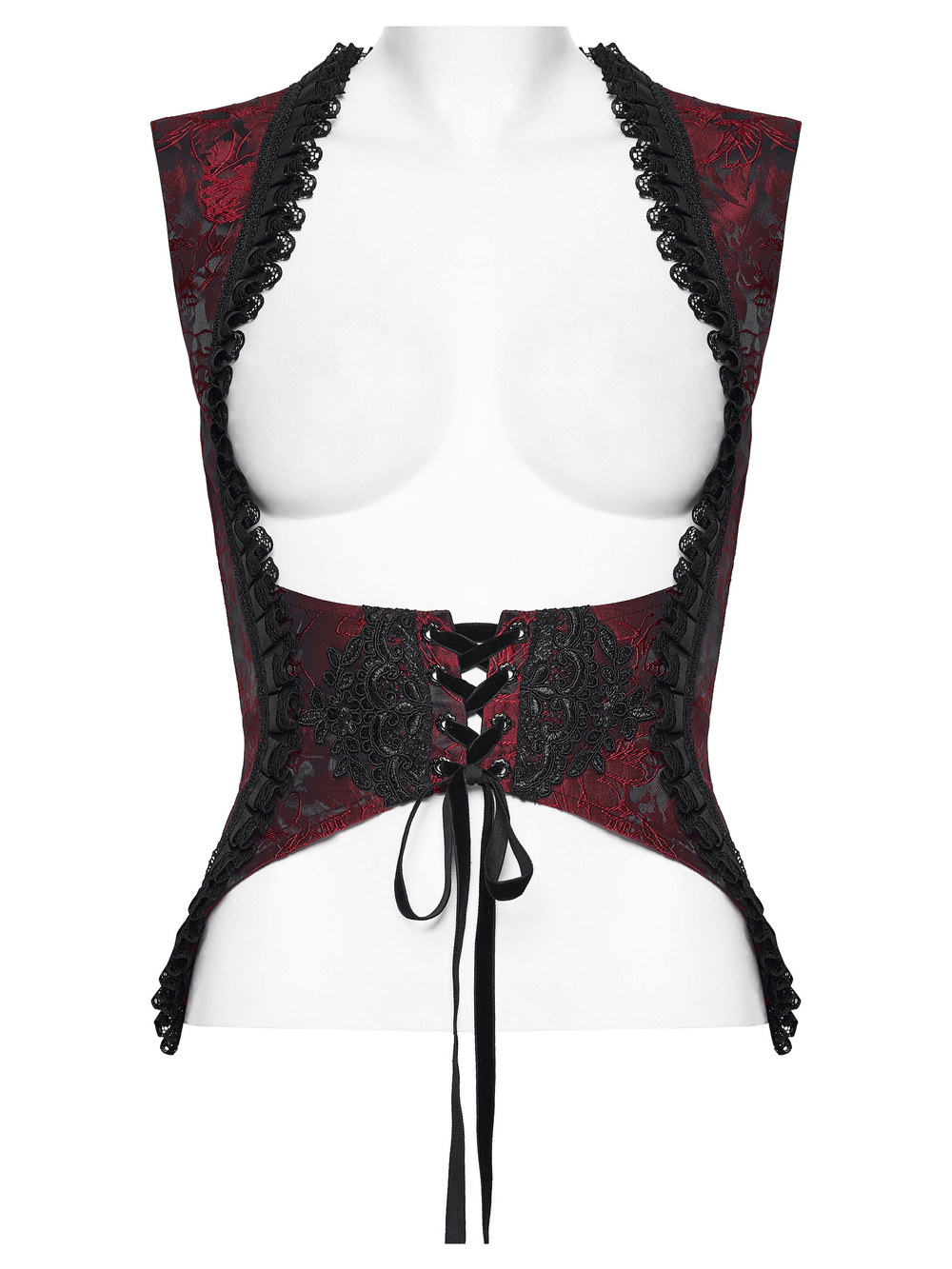 Wine Red Gothic Lace Trim Corset Vest with Drawstrings