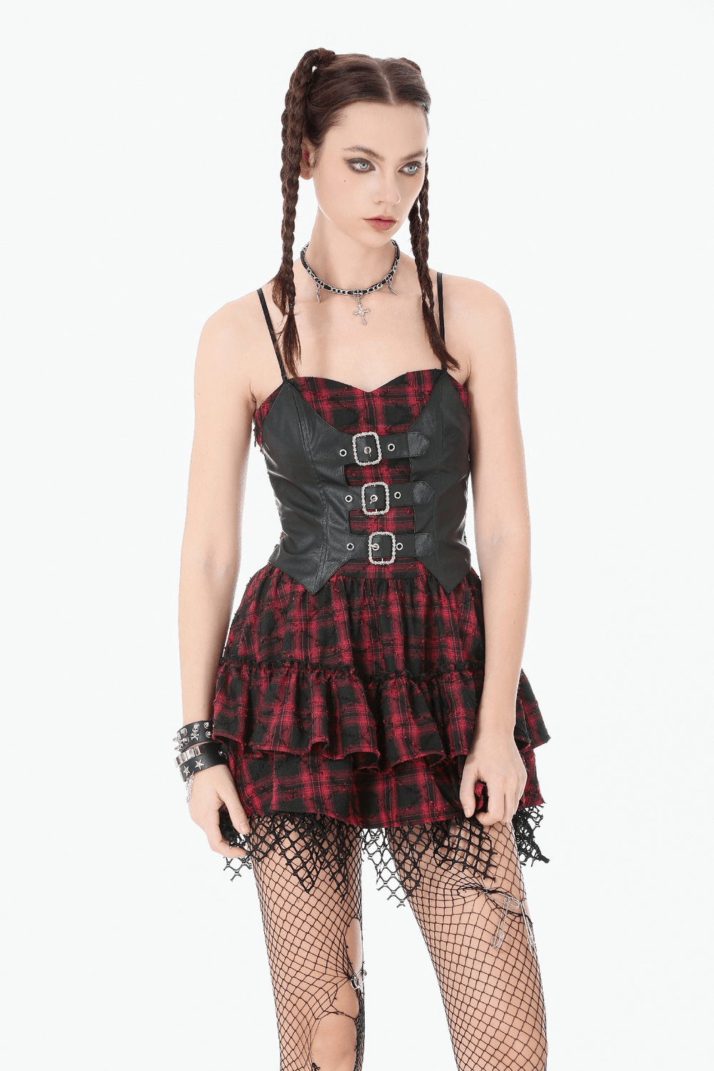 Wine Red Gothic Tartan Corset Mini Dress with Buckles