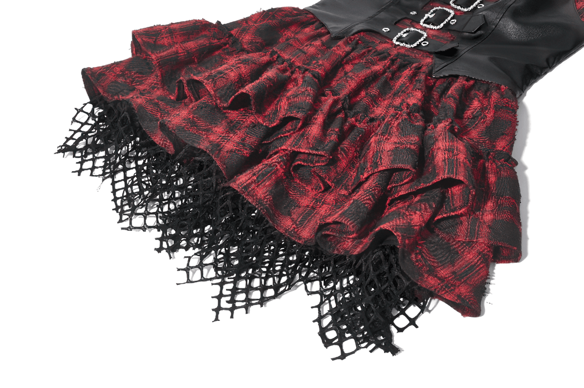 Wine Red Gothic Tartan Corset Mini Dress with Buckles