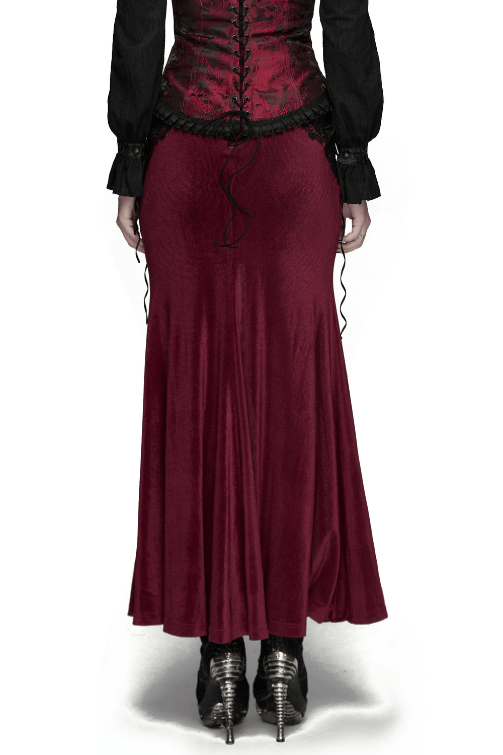 Wine Red Gothic Velvet Fishtail Skirt with Lace Details