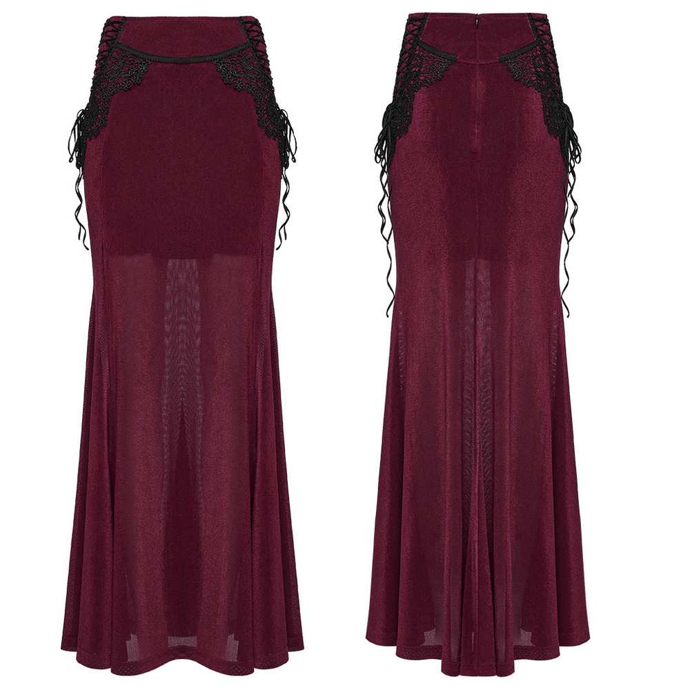 Wine Red Gothic Velvet Fishtail Skirt with Lace Details