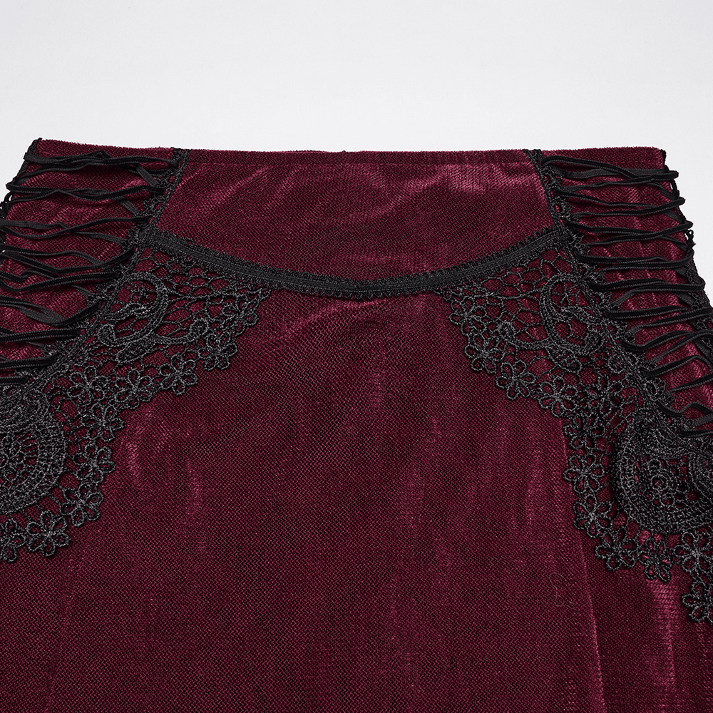 Wine Red Gothic Velvet Fishtail Skirt with Lace Details