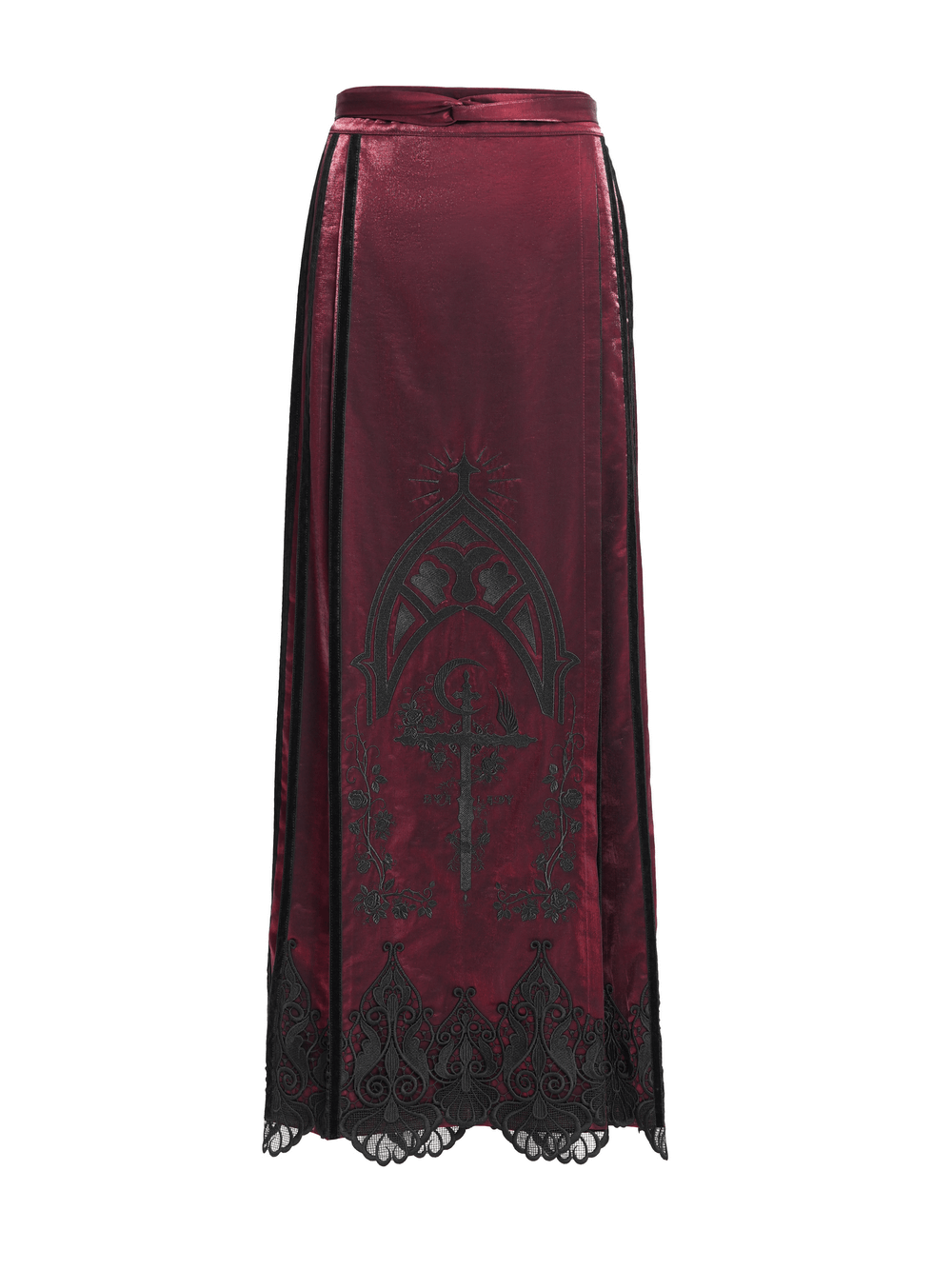 Wine Red Maxi Skirt with Black Lace Hem and Embroidery