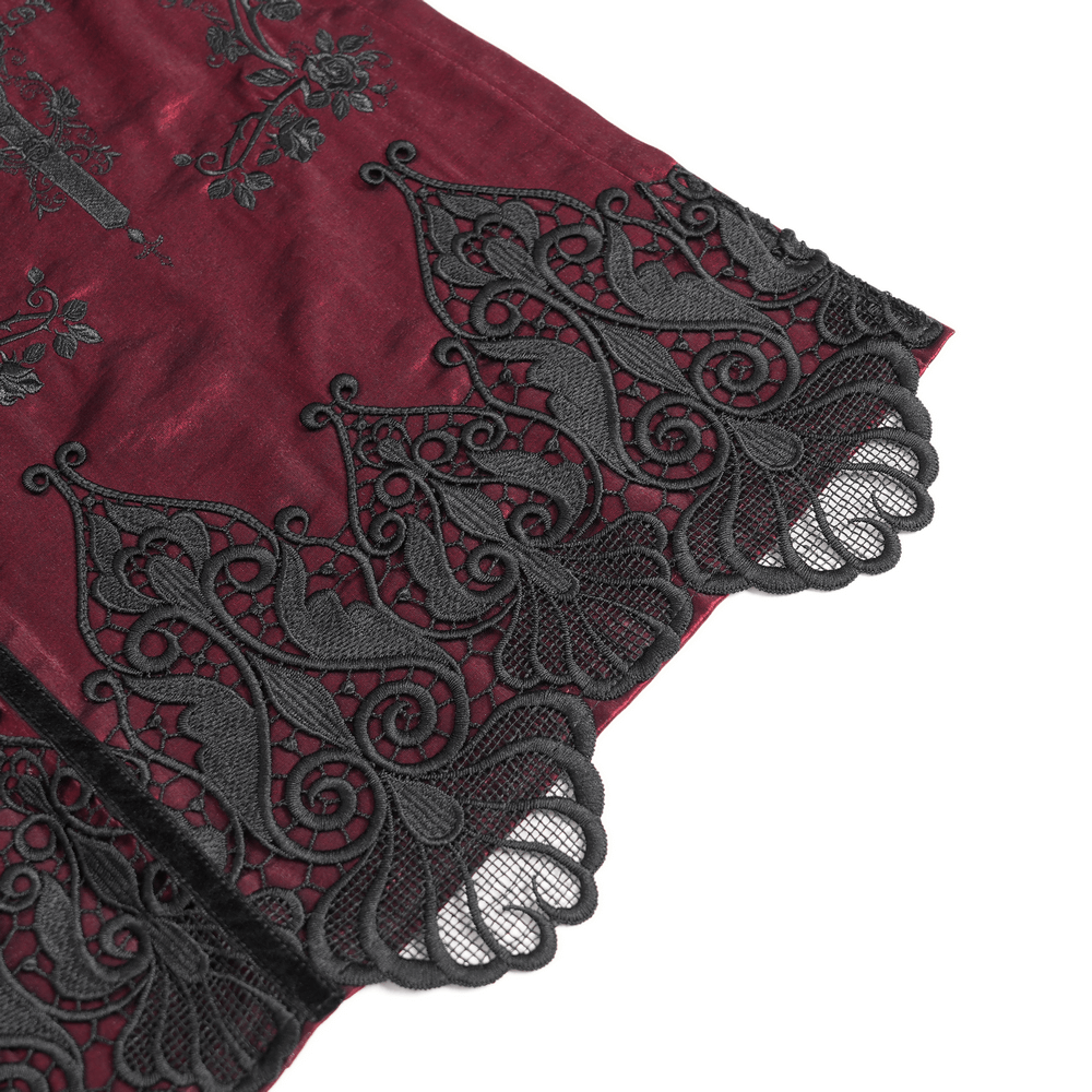 Wine Red Maxi Skirt with Black Lace Hem and Embroidery