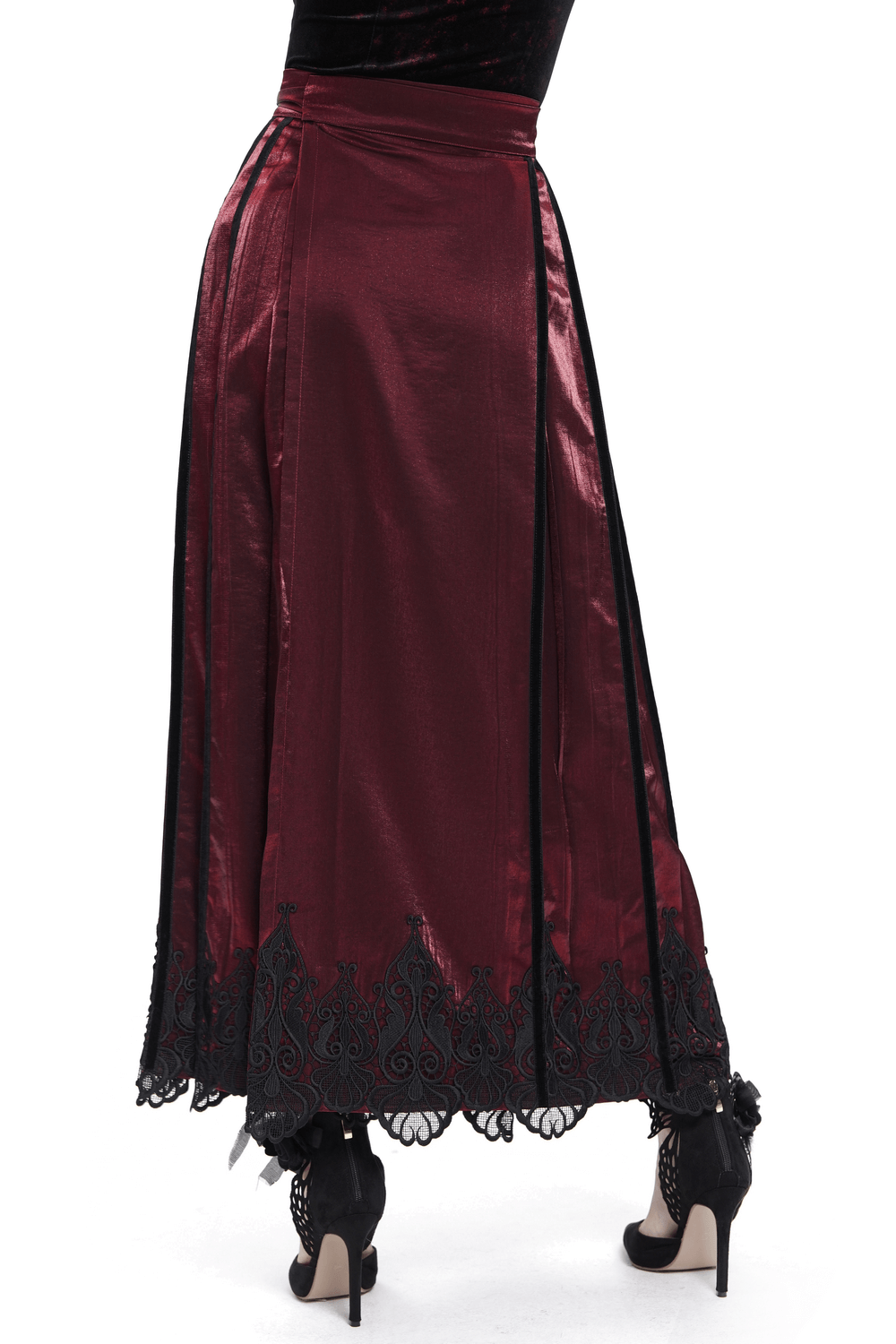 Wine Red Maxi Skirt with Black Lace Hem and Embroidery