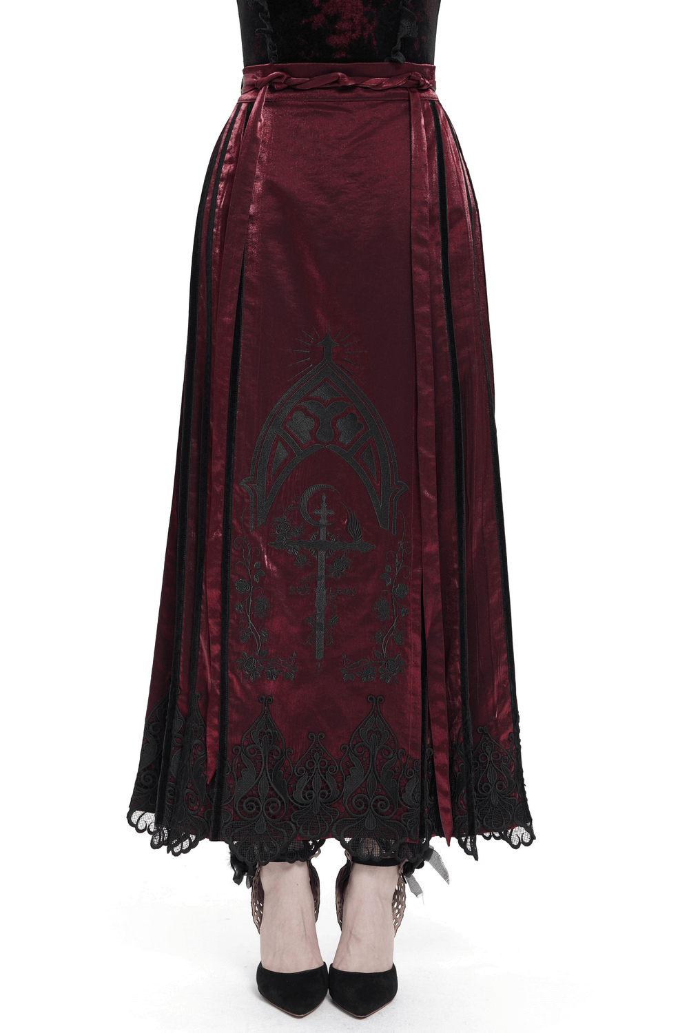 Wine Red Maxi Skirt with Black Lace Hem and Embroidery