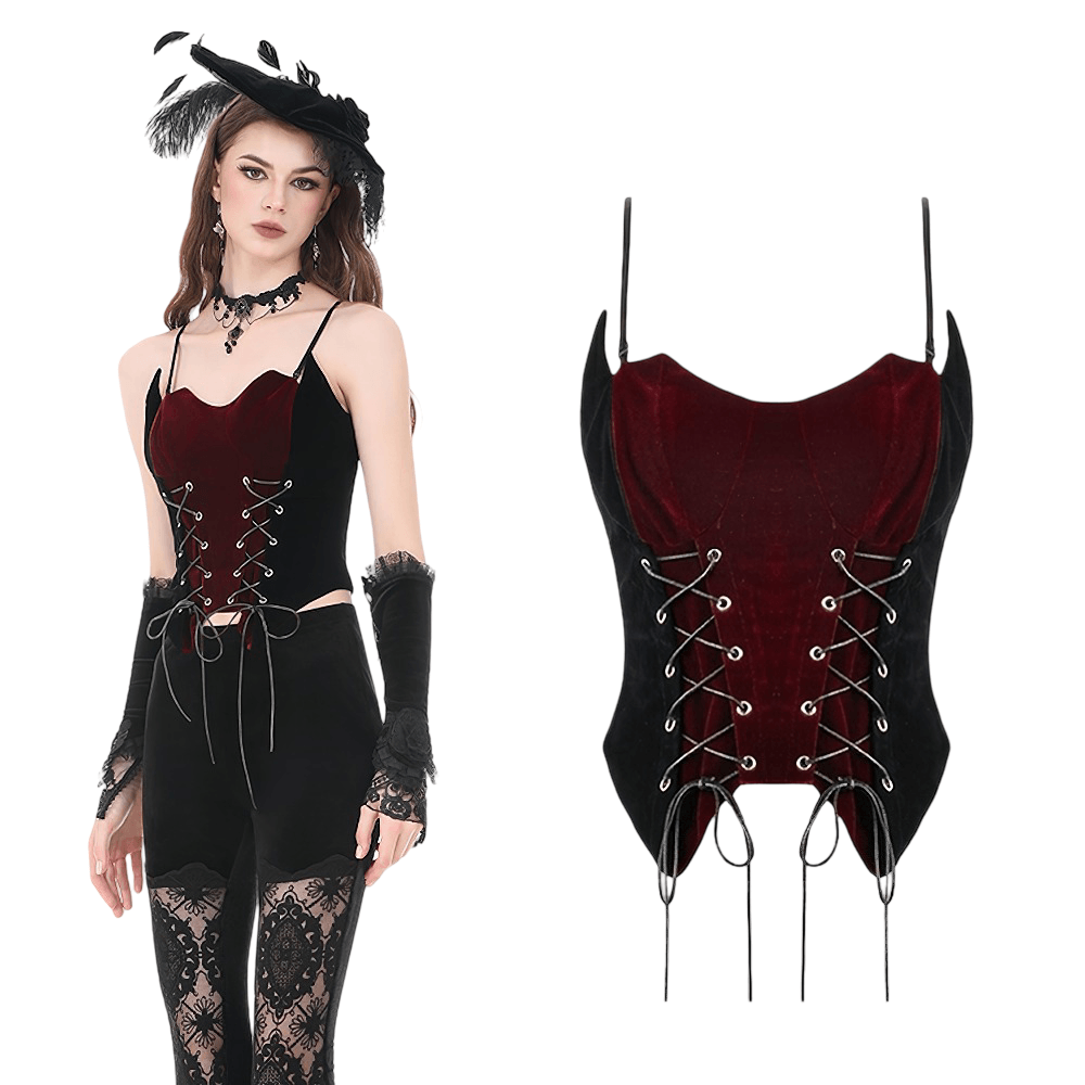 Wine Red Velvet Lace Up Gothic Corset Cami Bustier