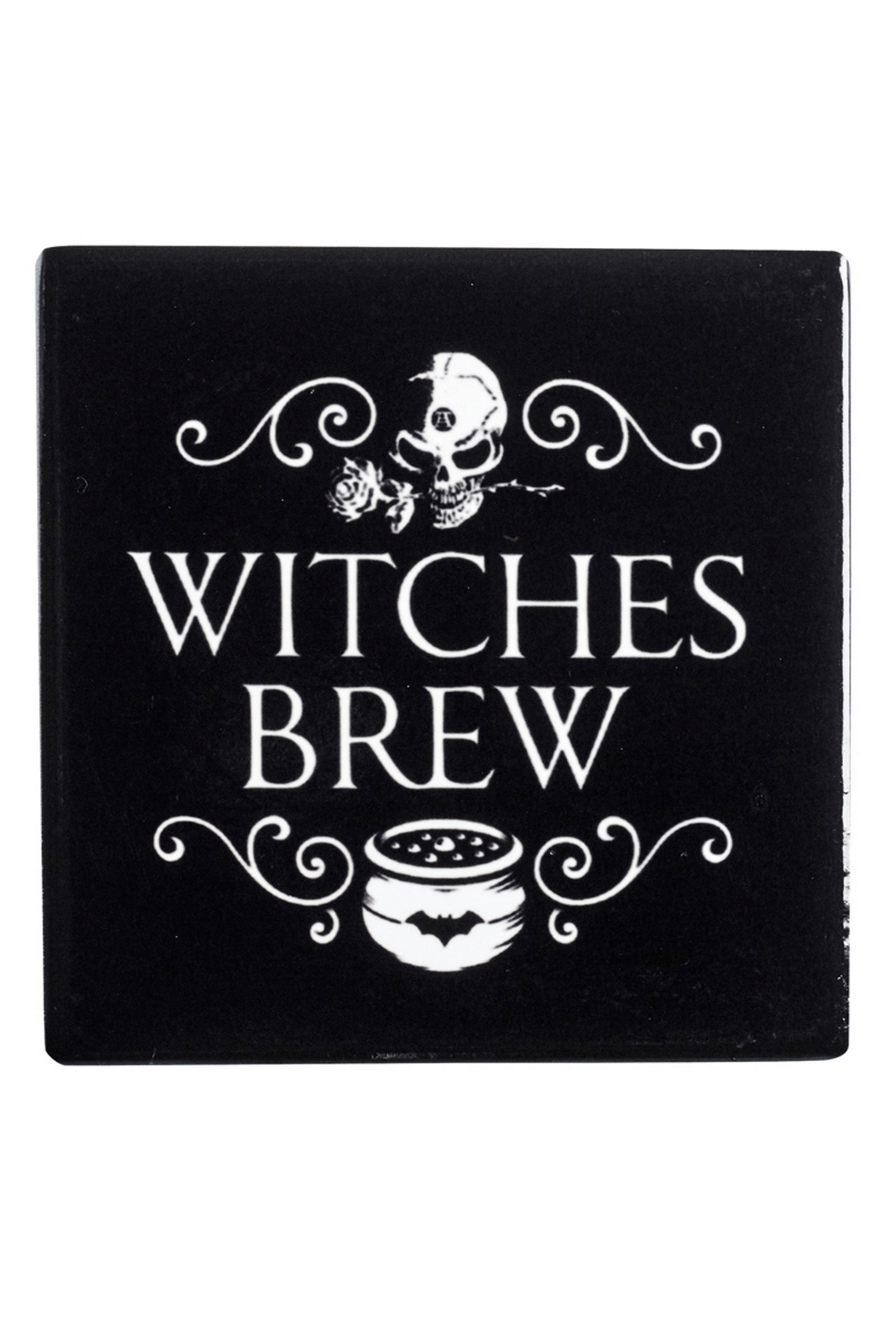 Witches Brew Skull Coaster with Rose and Bat Design